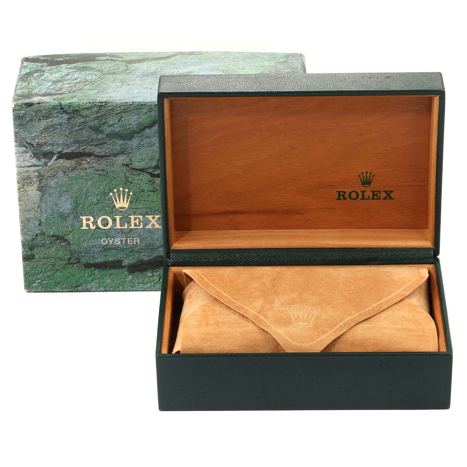 The image shows a Rolex Datejust 16233 Men
s Steel and Gold (two tone) Champagne Dial 16233 Men
s Steel and Gold (two tone) Champagne Dial watch box and suede pouch enclosed in a Rolex branded outer box, viewed from the front.