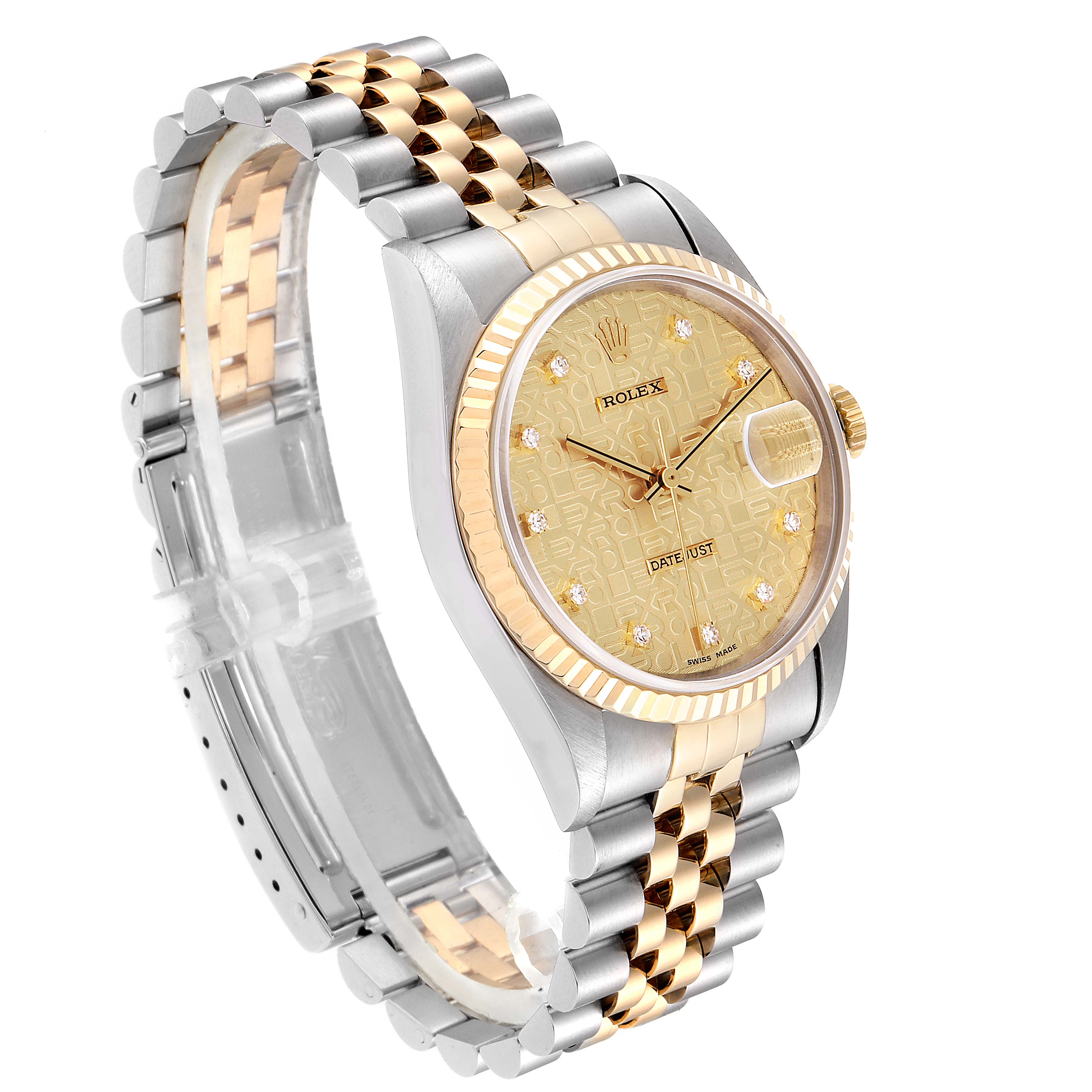 The image shows a Rolex Datejust 16233 Men
s Steel and Gold (two tone) Champagne Dial 16233 Men
s Steel and Gold (two tone) Champagne Dial watch at a slight angle, highlighting the face, bezel, crown, and Jubilee bracelet.