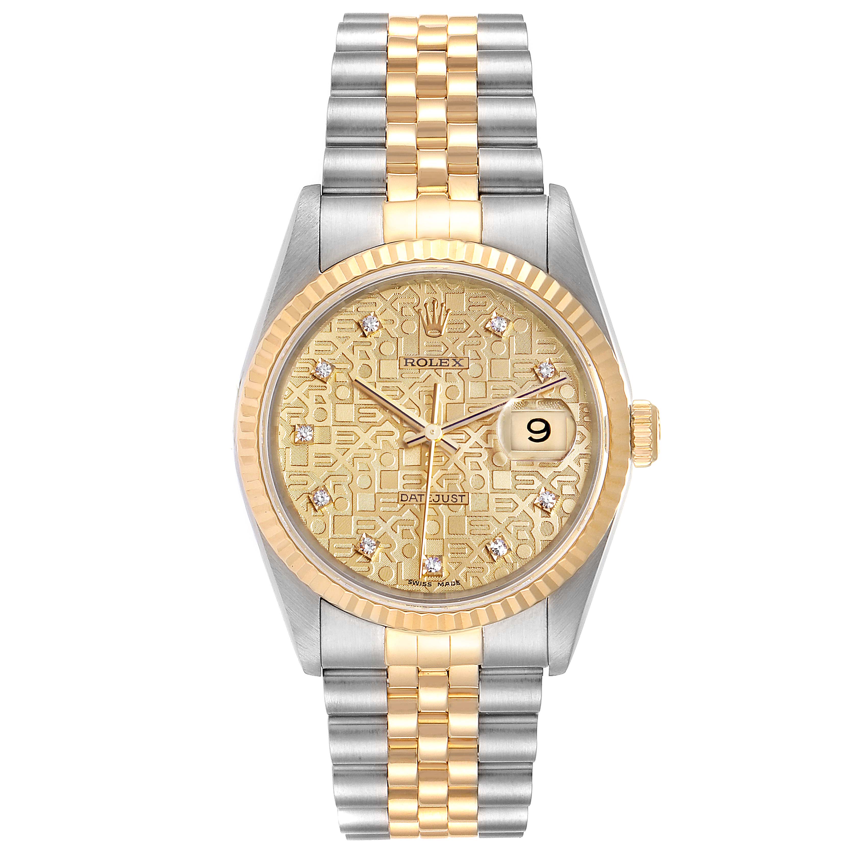 This image shows a front view of a Rolex Datejust 16233 Men
s Steel and Gold (two tone) Champagne Dial 16233 Men
s Steel and Gold (two tone) Champagne Dial watch, featuring its bi-metal bracelet, gold dial, and date magnifier.