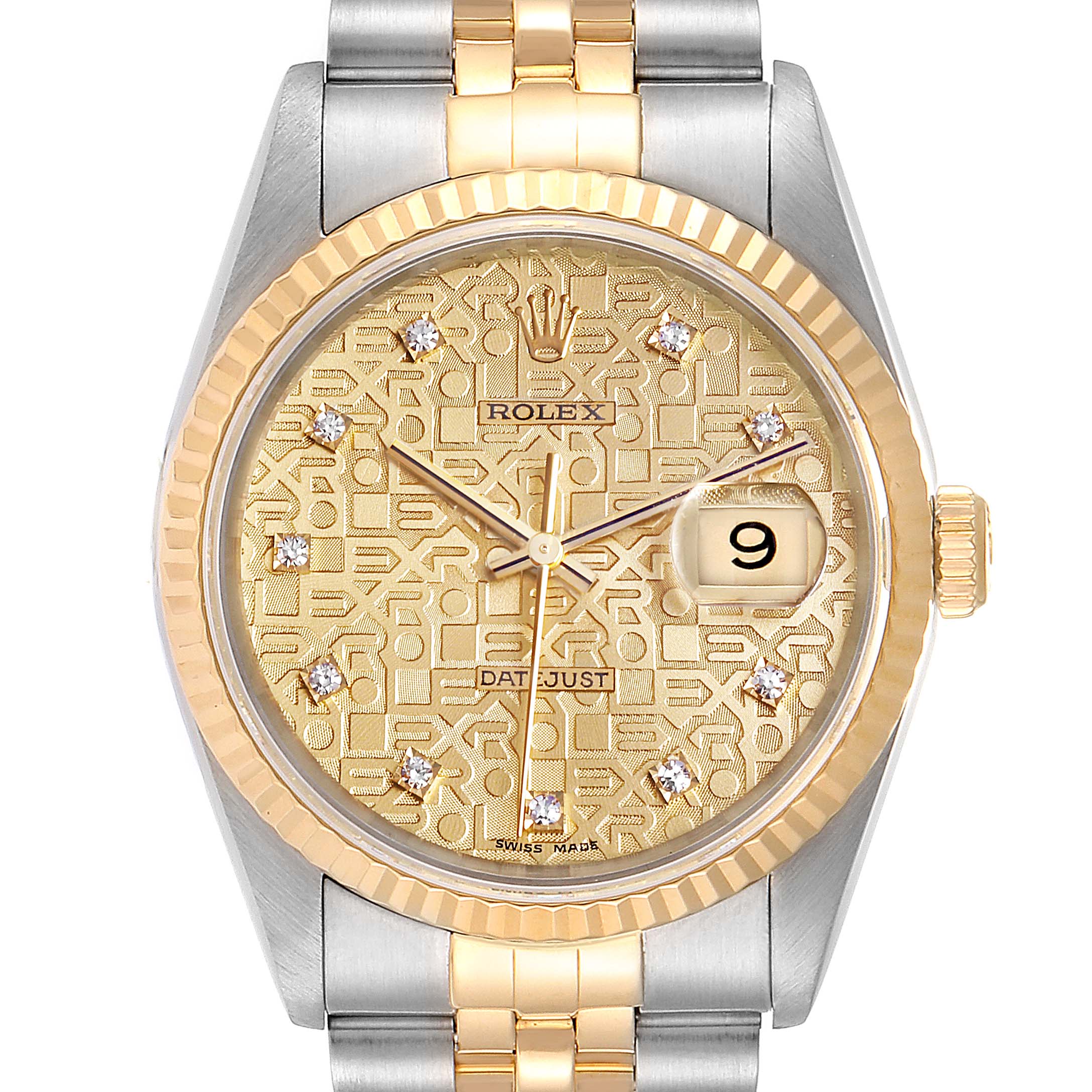 This image shows a Rolex Datejust 16233 Men
s Steel and Gold (two tone) Champagne Dial 16233 Men
s Steel and Gold (two tone) Champagne Dial watch from a top-down angle, featuring its dial, bezel, and part of the bracelet.