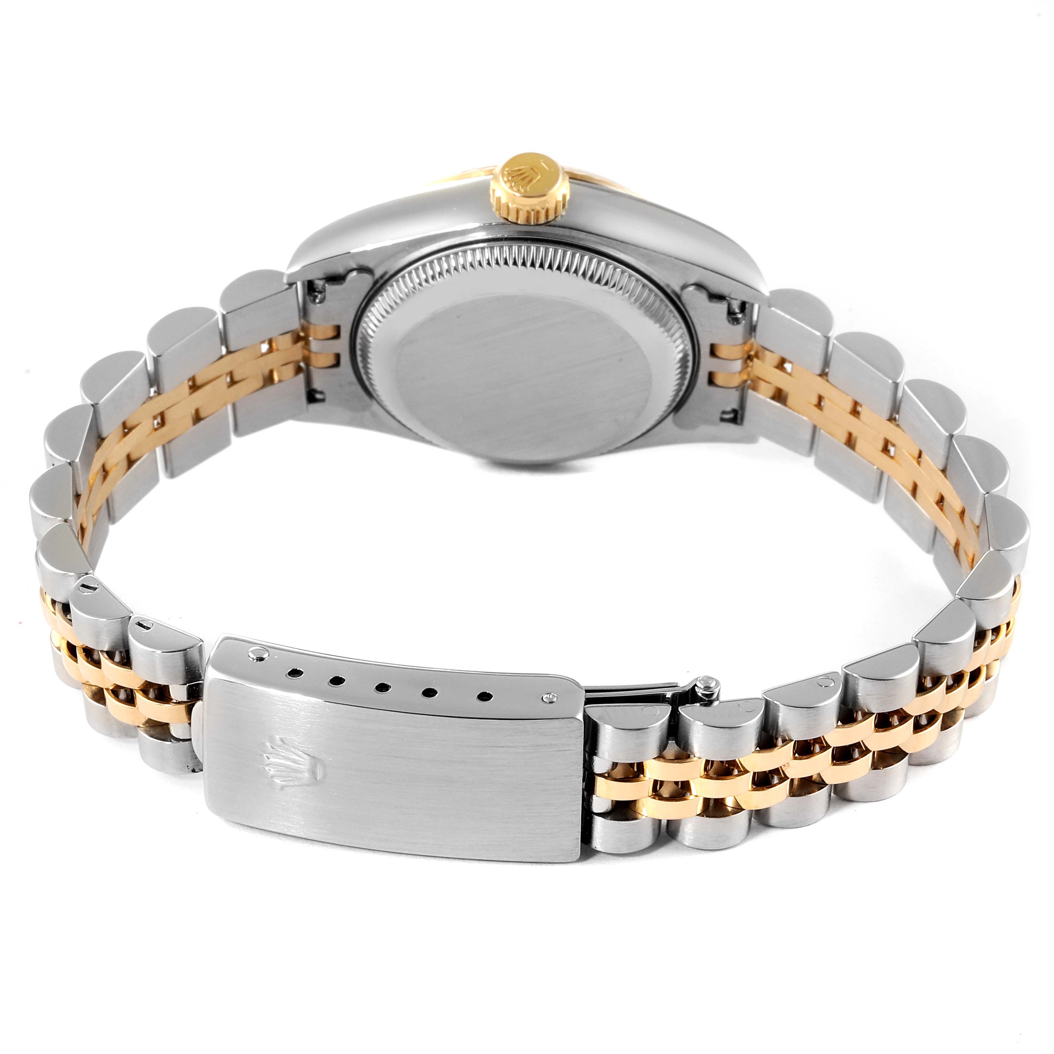 The image shows the back of a Rolex Datejust 69173 Women
s Steel and Gold (two tone) Champagne Dial 69173 Women
s Steel and Gold (two tone) Champagne Dial watch, including the case back, crown, and two-tone bracelet.