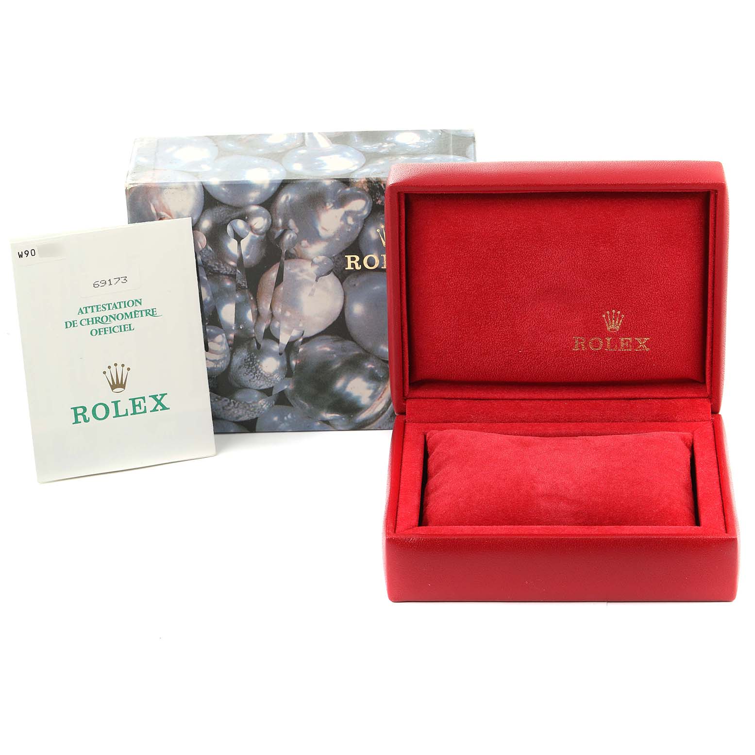 The image shows a Rolex Datejust 69173 Women
s Steel and Gold (two tone) Champagne Dial 69173 Women
s Steel and Gold (two tone) Champagne Dial watch box, outer box, and certification paper viewed from the front.