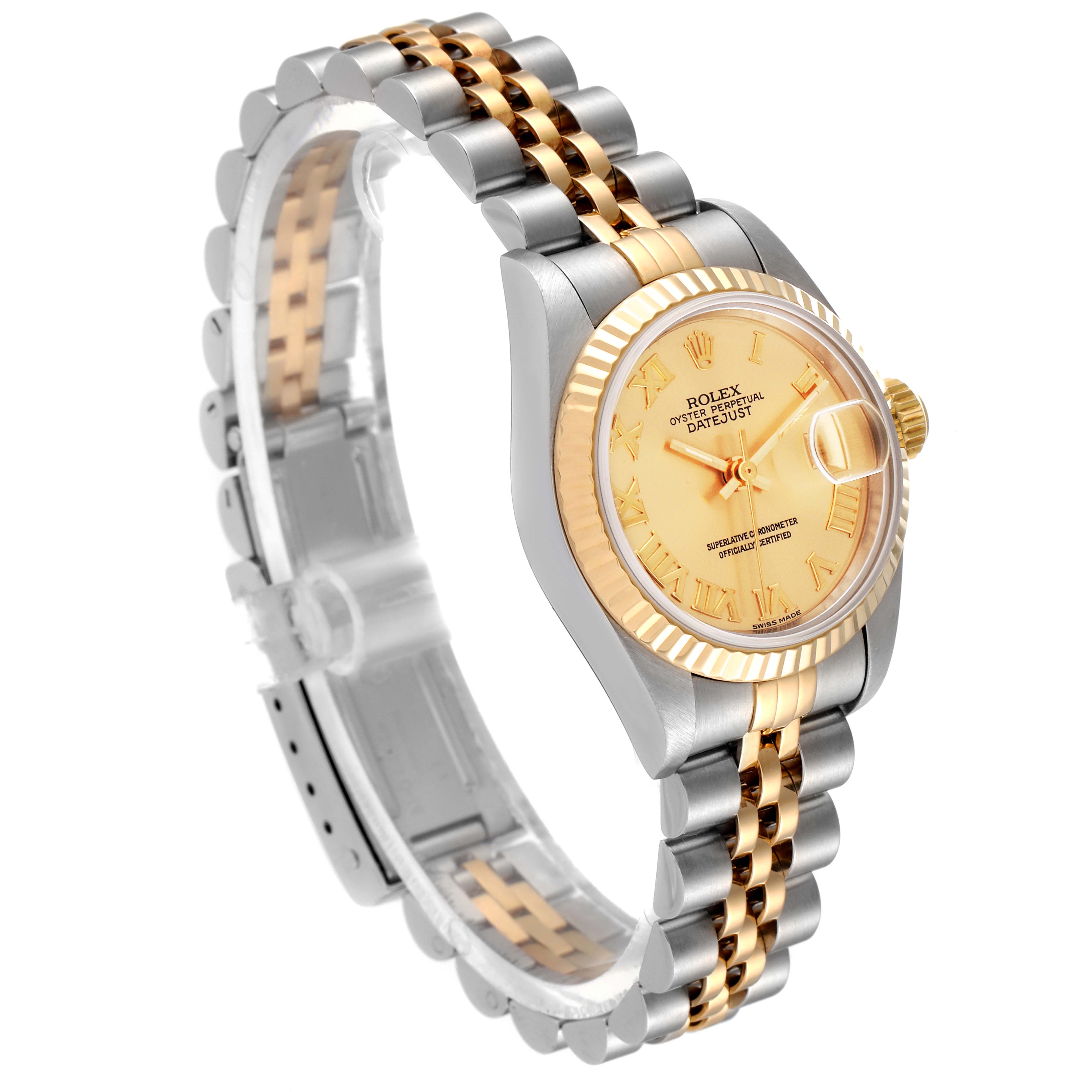 This image shows the Rolex Datejust 69173 Women
s Steel and Gold (two tone) Champagne Dial 69173 Women
s Steel and Gold (two tone) Champagne Dial watch from a slightly tilted side angle, highlighting the case, bezel, dial, and bracelet.