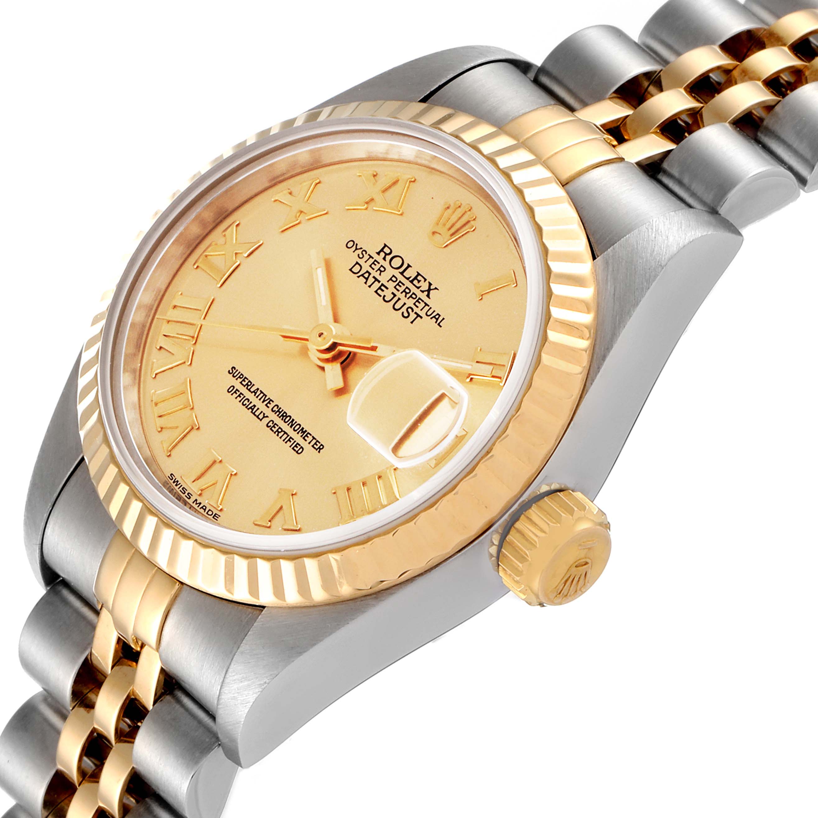 This image of the Rolex Datejust 69173 Women
s Steel and Gold (two tone) Champagne Dial 69173 Women
s Steel and Gold (two tone) Champagne Dial watch shows an angled view highlighting the dial, bezel, and part of the bracelet.