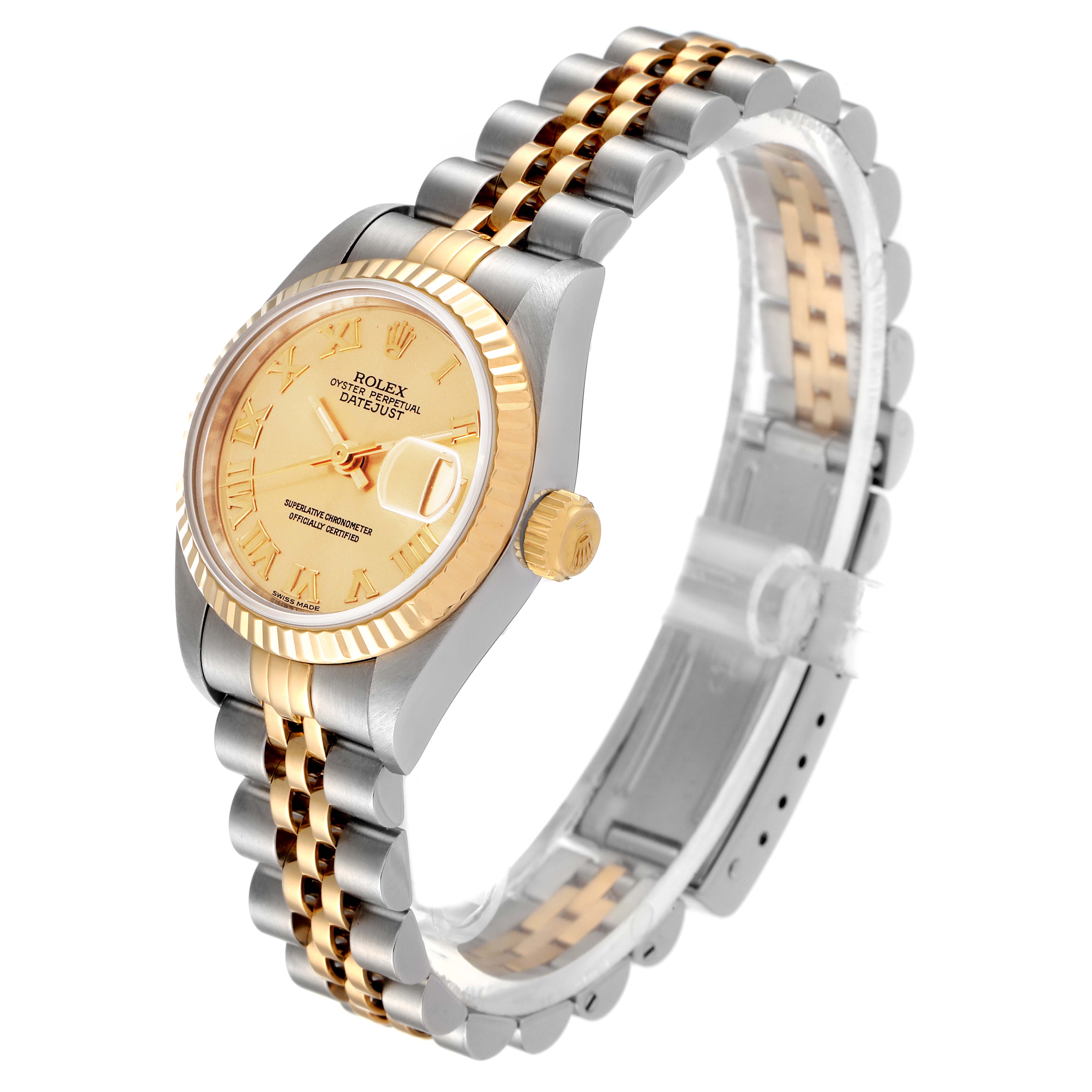 The image shows a Rolex Datejust 69173 Women
s Steel and Gold (two tone) Champagne Dial 69173 Women
s Steel and Gold (two tone) Champagne Dial watch angled to display its face, bezel, crown, and two-tone bracelet.