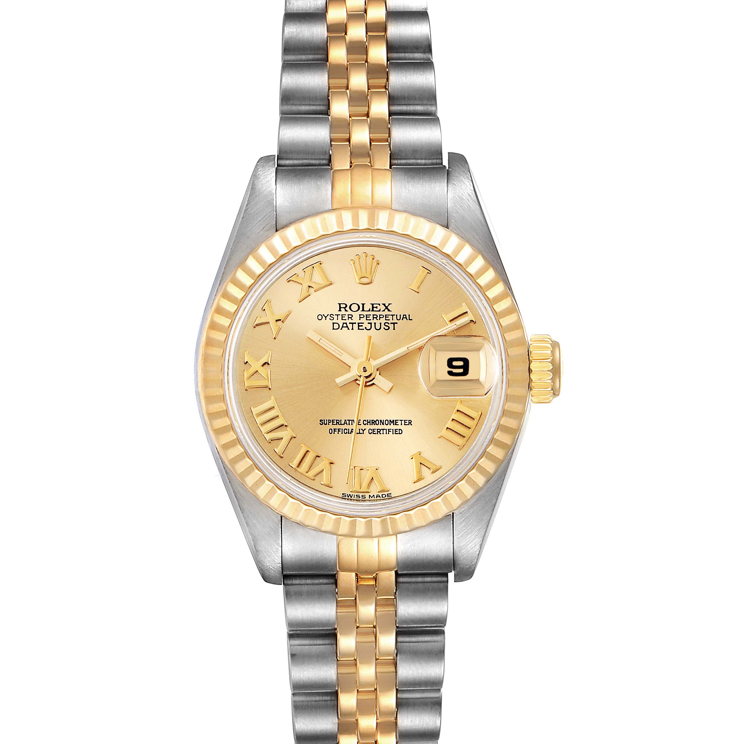 The image shows a front view of a Rolex Datejust 69173 Women
s Steel and Gold (two tone) Champagne Dial 69173 Women
s Steel and Gold (two tone) Champagne Dial watch featuring a two-tone bracelet and a gold dial with Roman numerals.