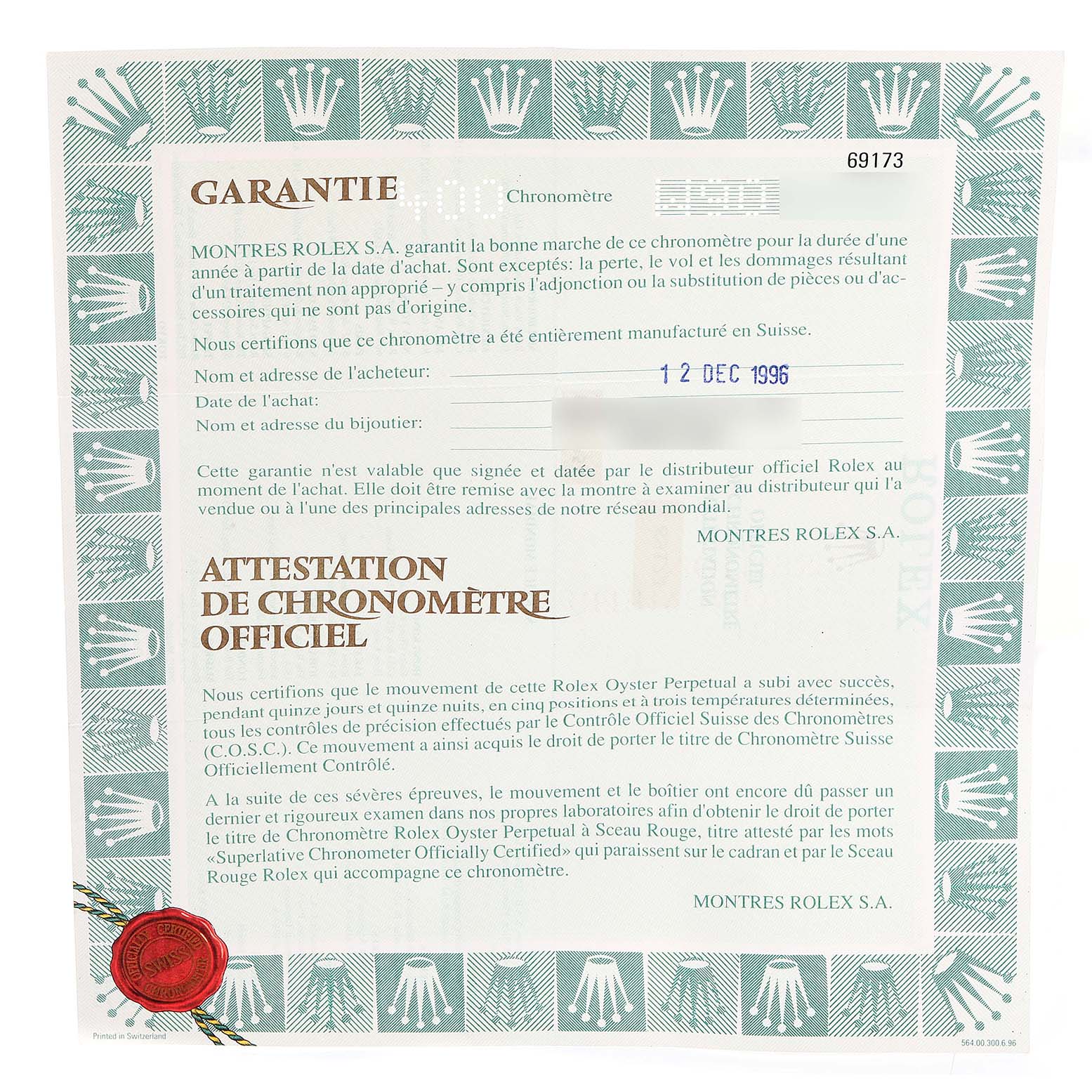 This image shows the warranty certificate for a Rolex Datejust 69173 Women
s Steel and Gold (two tone) Champagne Dial 69173 Women
s Steel and Gold (two tone) Champagne Dial, highlighting official guarantees and sale details.