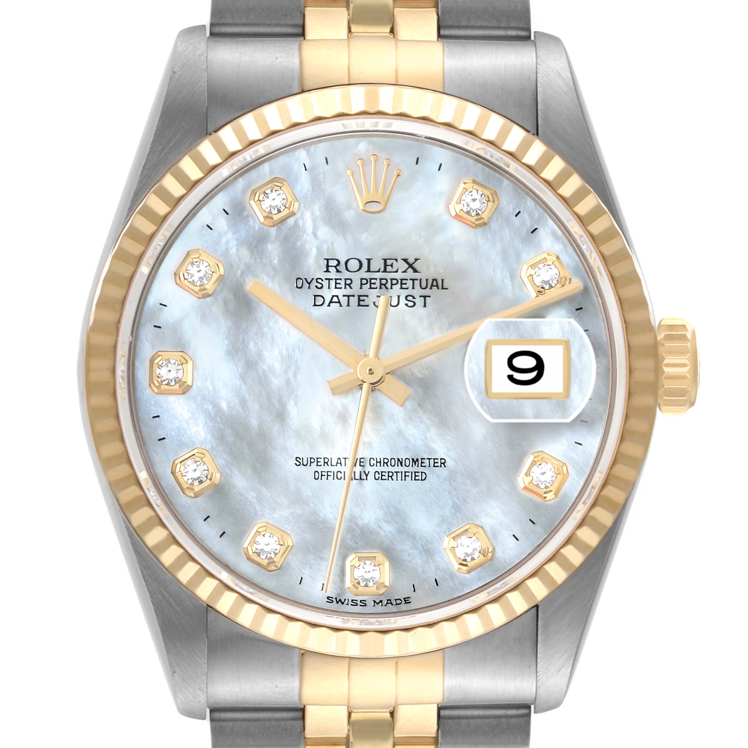 This image shows the front view of a Rolex Datejust 16233 Men's Steel and Gold (two tone) Mother of Pearl Dial 16233 Men's Steel and Gold (two tone) Mother of Pearl Dial watch, highlighting its face, bezel, and bracelet.