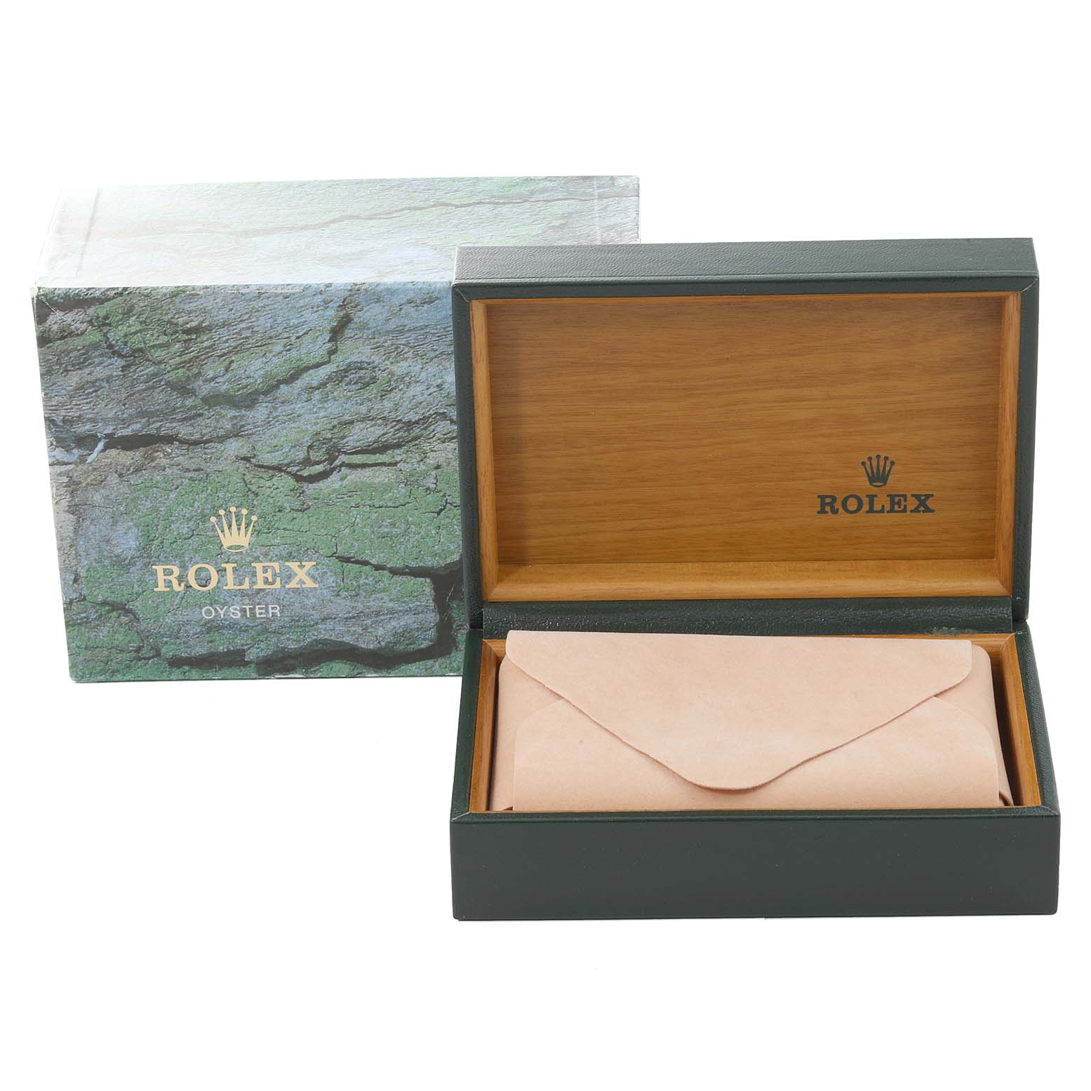 The image shows a partially opened Rolex Datejust 16233 Men's Steel and Gold (two tone) Mother of Pearl Dial 16233 Men's Steel and Gold (two tone) Mother of Pearl Dial box displaying the inner case and an envelope inside.