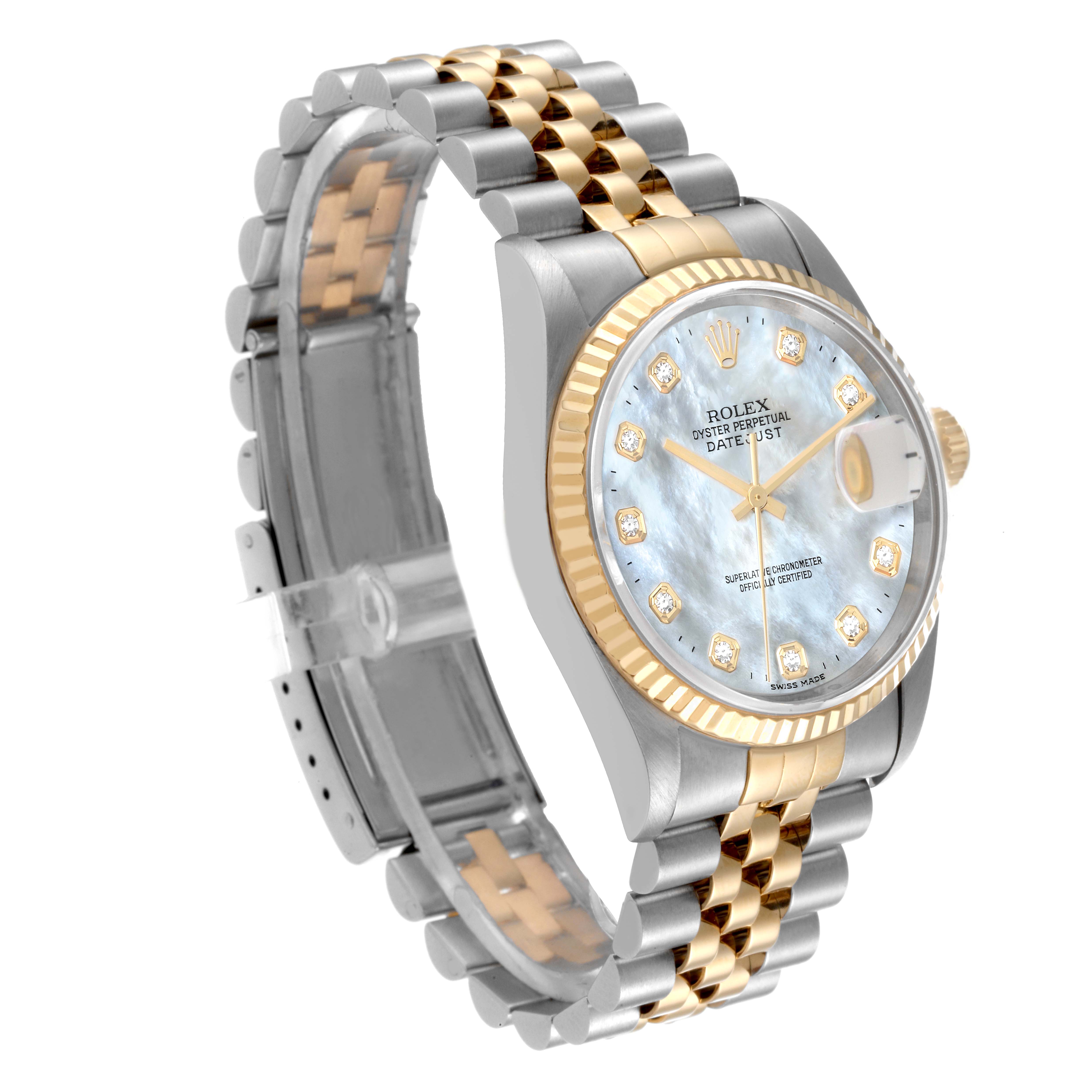 The image shows a Rolex Datejust 16233 Men's Steel and Gold (two tone) Mother of Pearl Dial 16233 Men's Steel and Gold (two tone) Mother of Pearl Dial watch at an angled view, highlighting its face, two-tone bracelet, and fluted bezel.
