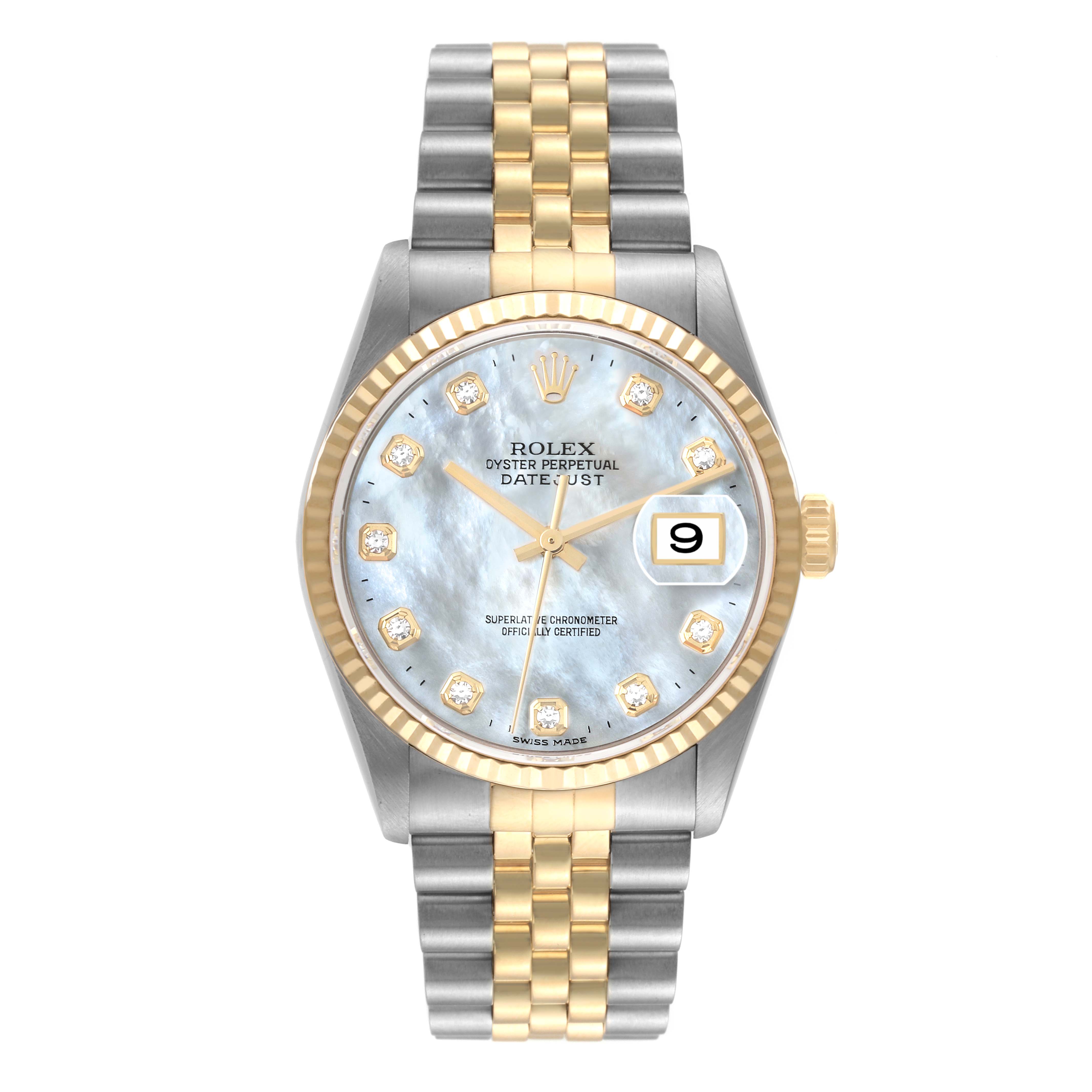 This Rolex Datejust 16233 Men's Steel and Gold (two tone) Mother of Pearl Dial 16233 Men's Steel and Gold (two tone) Mother of Pearl Dial watch is shown from a top-down angle, displaying its face, bezel, and bracelet.
