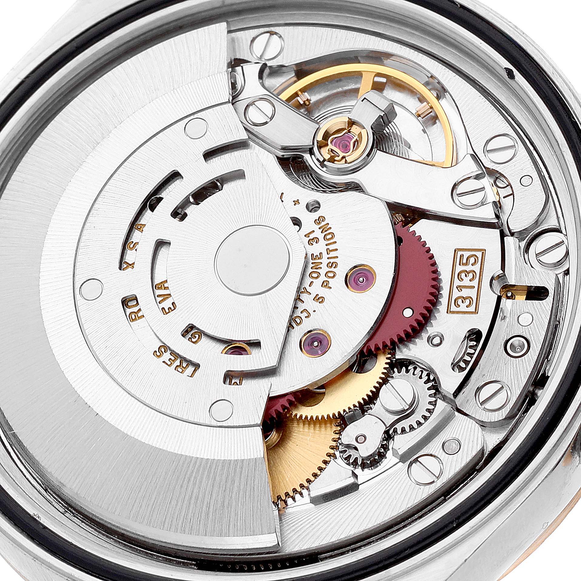 The image shows the detailed internal mechanism of a Rolex Datejust 16233 Men's Steel and Gold (two tone) Mother of Pearl Dial 16233 Men's Steel and Gold (two tone) Mother of Pearl Dial watch viewed from the backside.