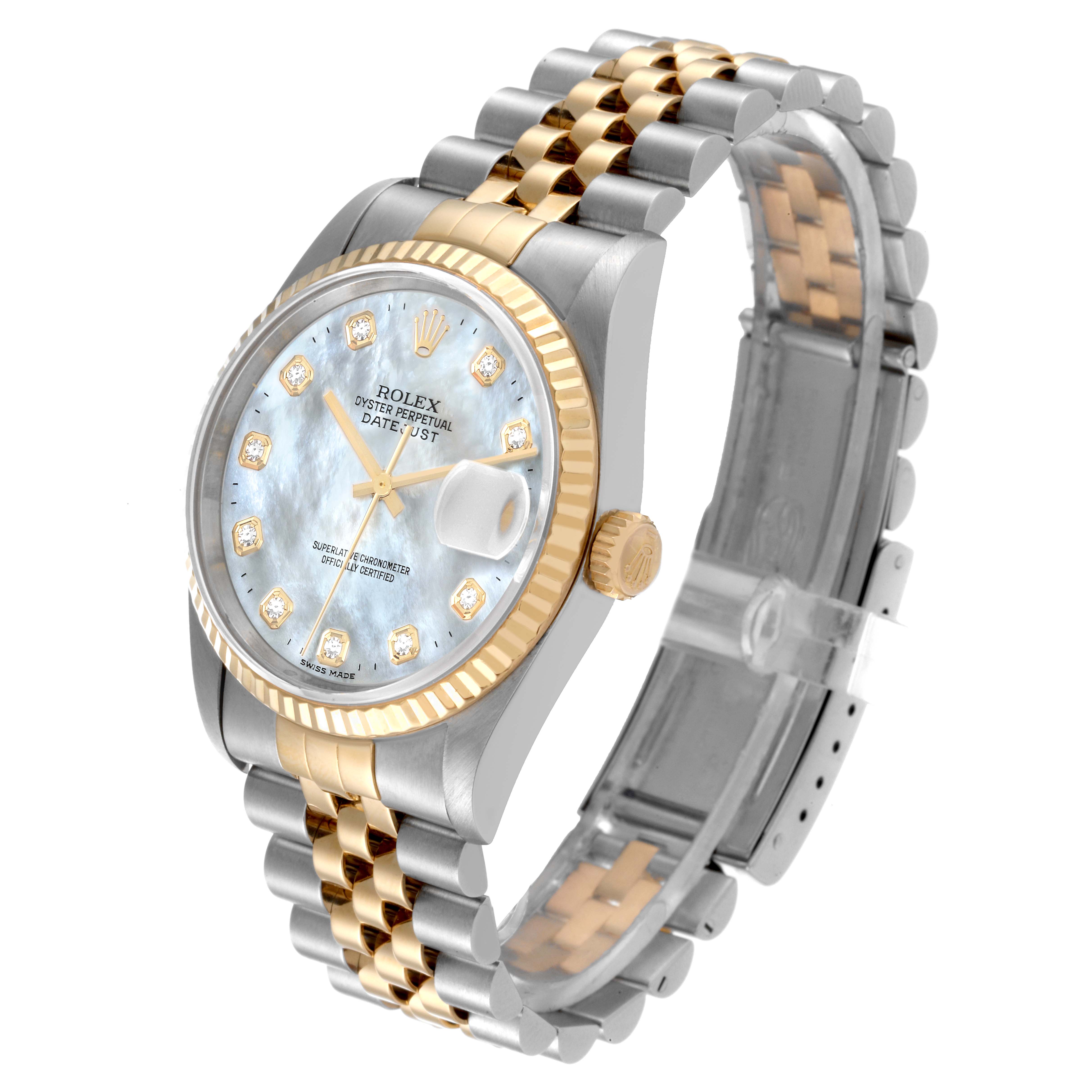 The image shows a Rolex Datejust 16233 Men's Steel and Gold (two tone) Mother of Pearl Dial 16233 Men's Steel and Gold (two tone) Mother of Pearl Dial watch at a slight angle, highlighting its dial, bezel, and two-tone bracelet.