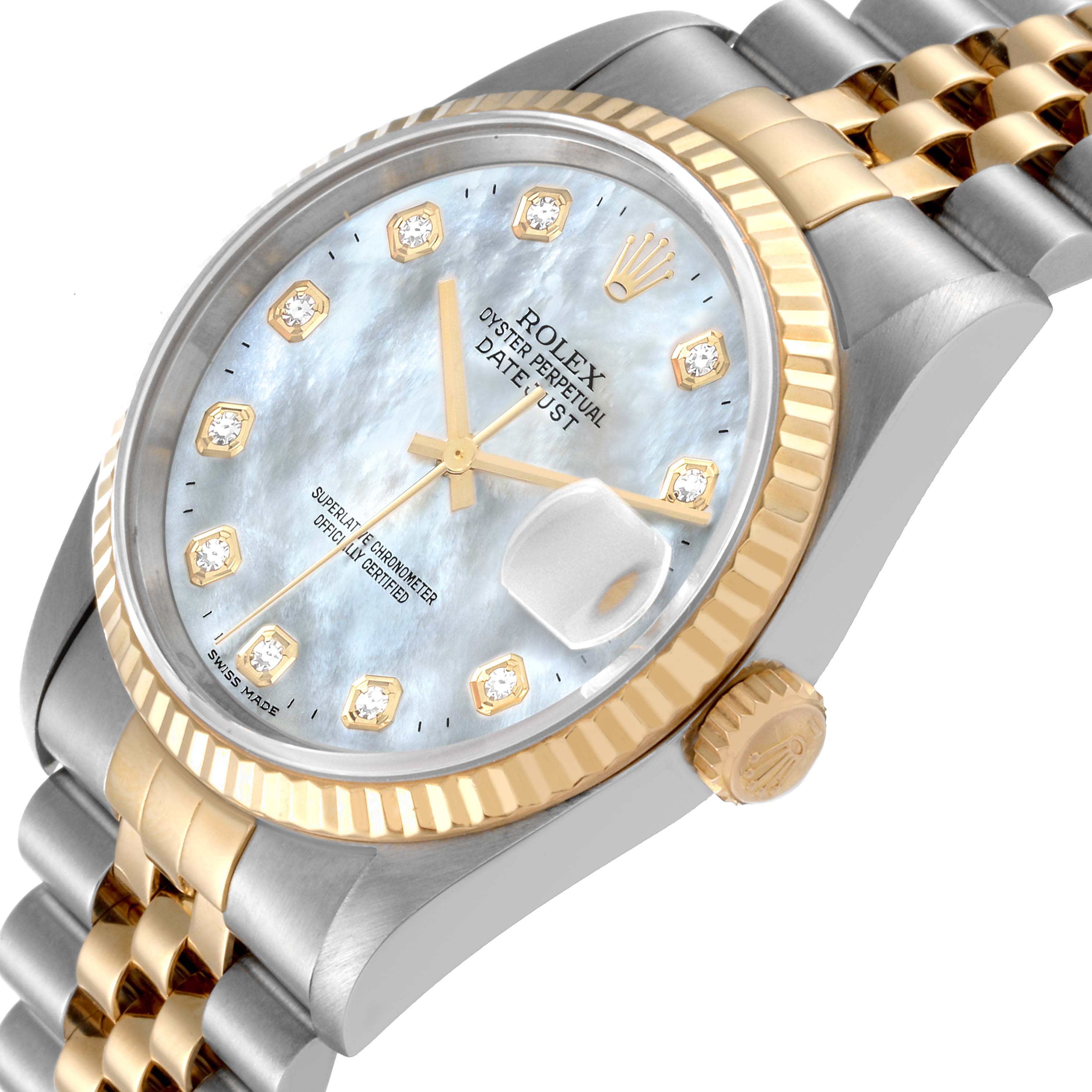 The Rolex Datejust 16233 Men's Steel and Gold (two tone) Mother of Pearl Dial 16233 Men's Steel and Gold (two tone) Mother of Pearl Dial watch is shown from a slightly tilted angle, highlighting the dial, bezel, crown, and part of the bracelet.