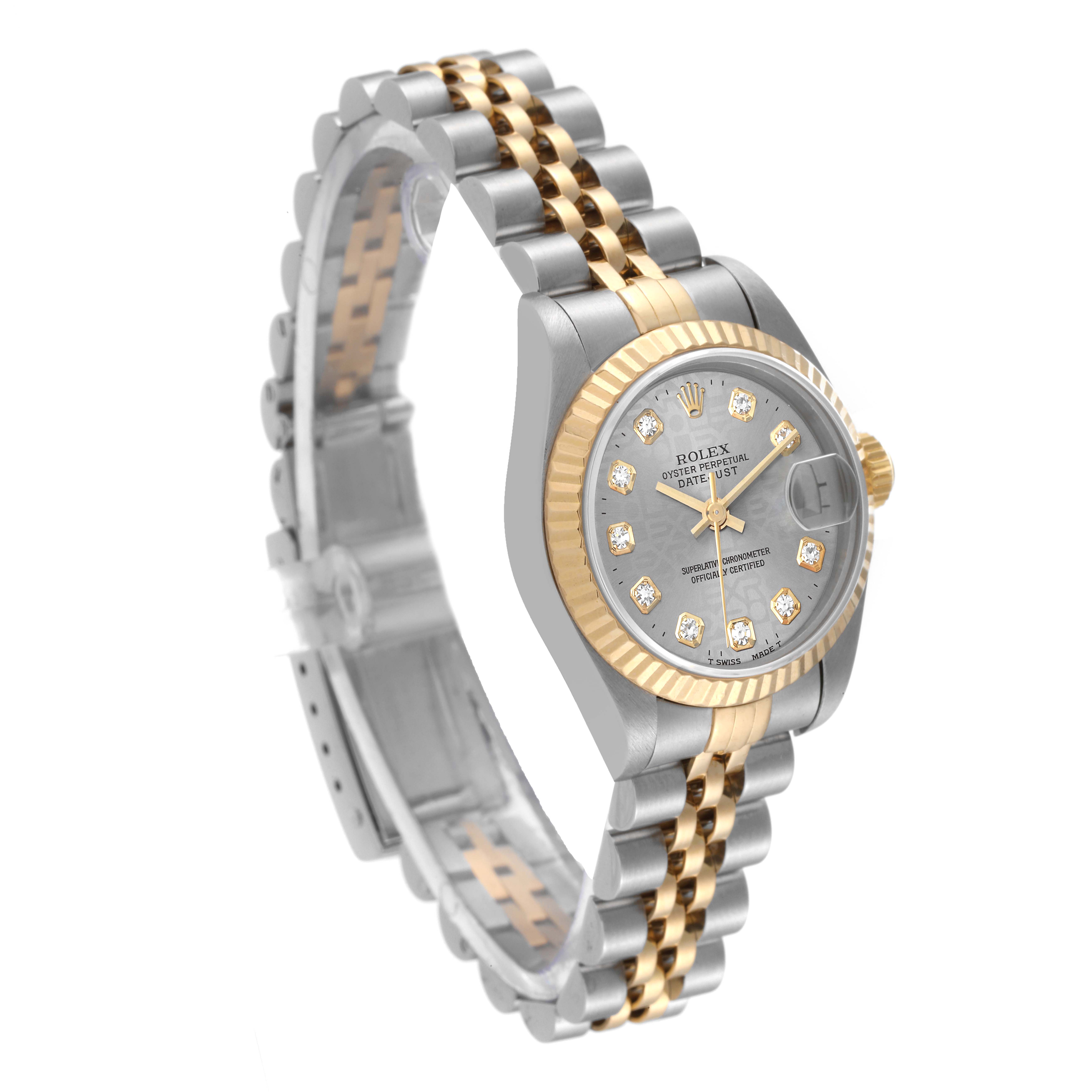 This image shows a Rolex Datejust 69173 Women's Steel and Gold (two tone) Grey Dial 69173 Women's Steel and Gold (two tone) Grey Dial watch at a slight side angle, revealing its face, bezel, and bracelet.