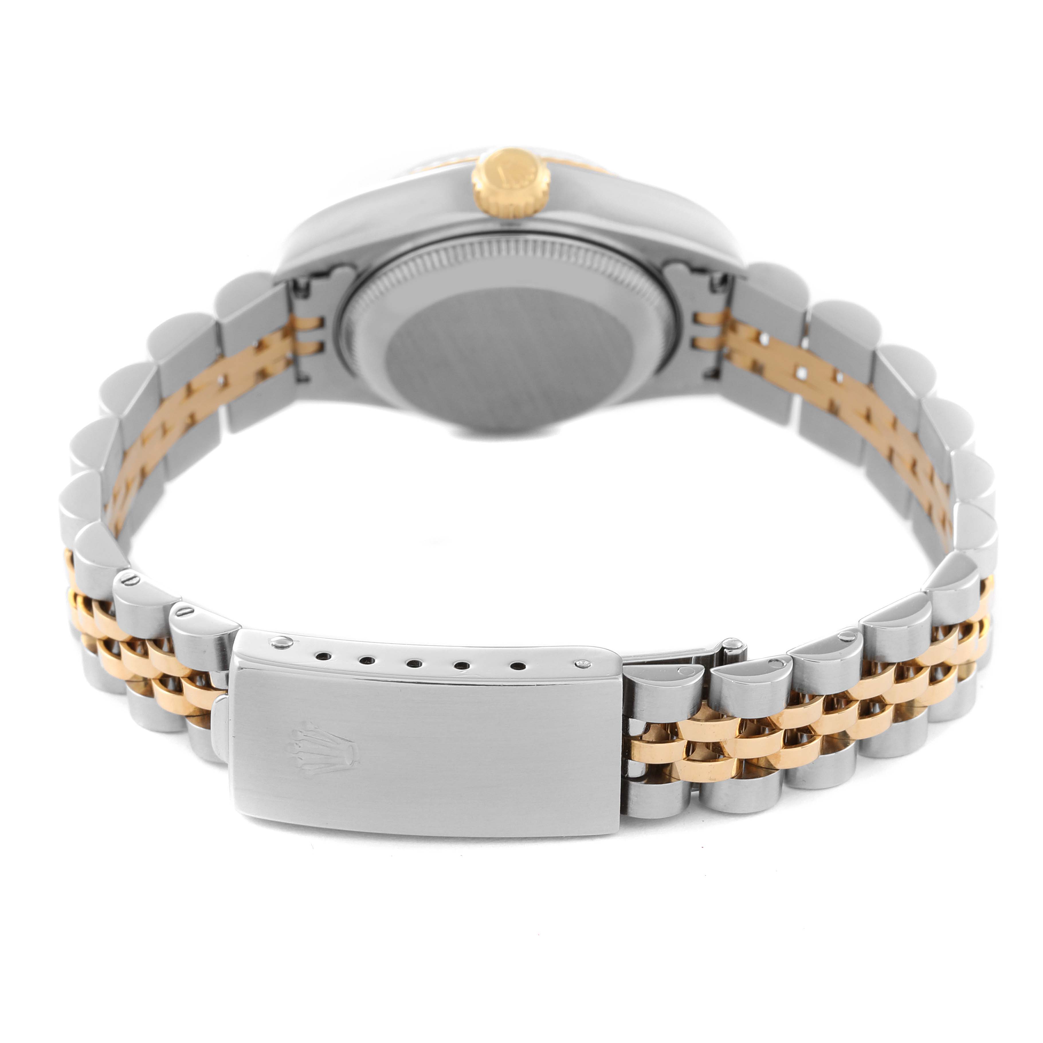 This image shows the back view of the Rolex Datejust 69173 Women's Steel and Gold (two tone) Grey Dial 69173 Women's Steel and Gold (two tone) Grey Dial watch, highlighting the bracelet, clasp, and case back.