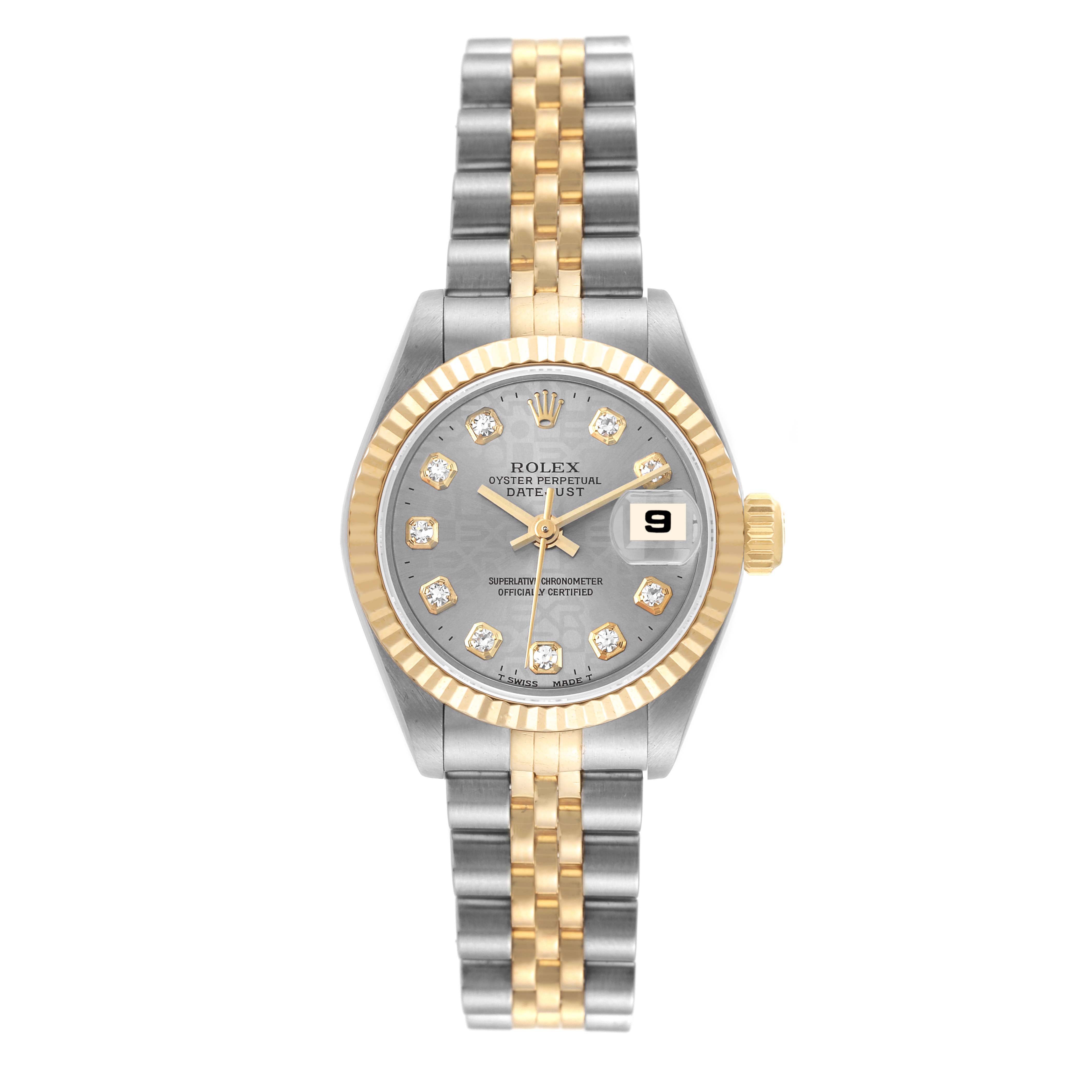 The image shows a Rolex Datejust 69173 Women's Steel and Gold (two tone) Grey Dial 69173 Women's Steel and Gold (two tone) Grey Dial watch from a top view, highlighting the face, bezel, and two-tone bracelet.