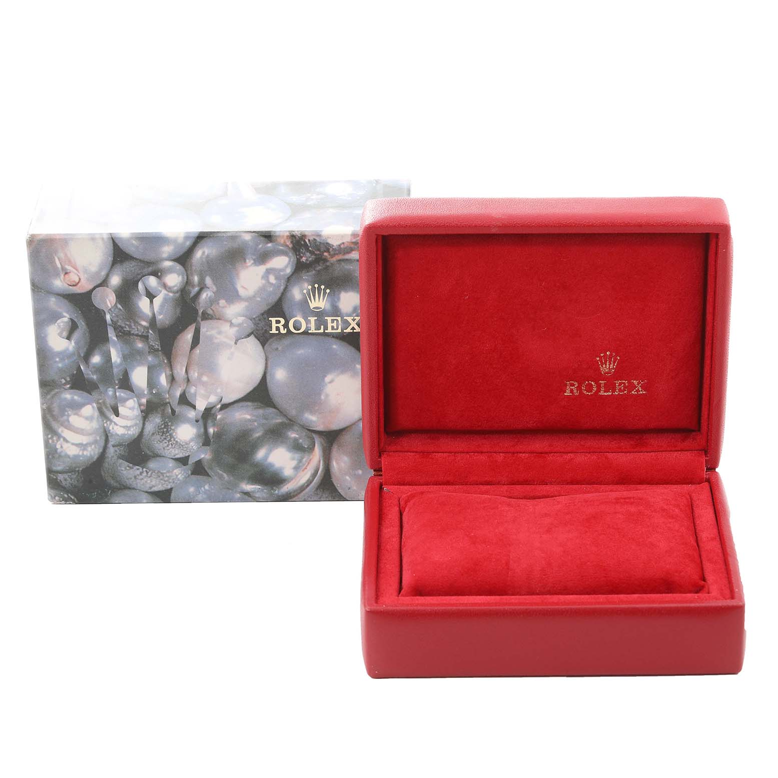 This image displays an open red Rolex Datejust 69173 Women's Steel and Gold (two tone) Grey Dial 69173 Women's Steel and Gold (two tone) Grey Dial watch box with a decorative outer box in the background.