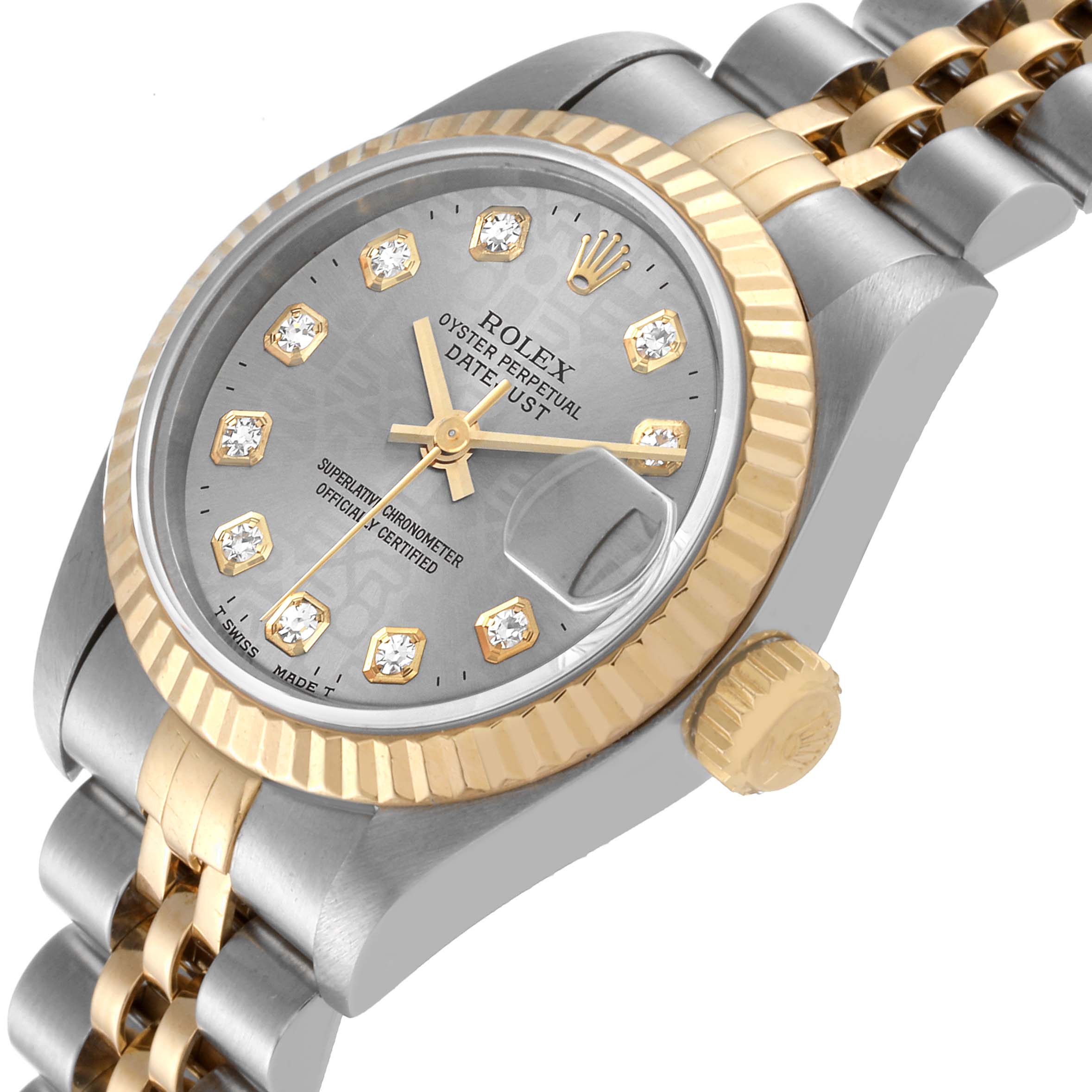 The image shows a close-up, angled view of a Rolex Datejust 69173 Women's Steel and Gold (two tone) Grey Dial 69173 Women's Steel and Gold (two tone) Grey Dial watch highlighting the dial, bezel, crown, and part of the band.