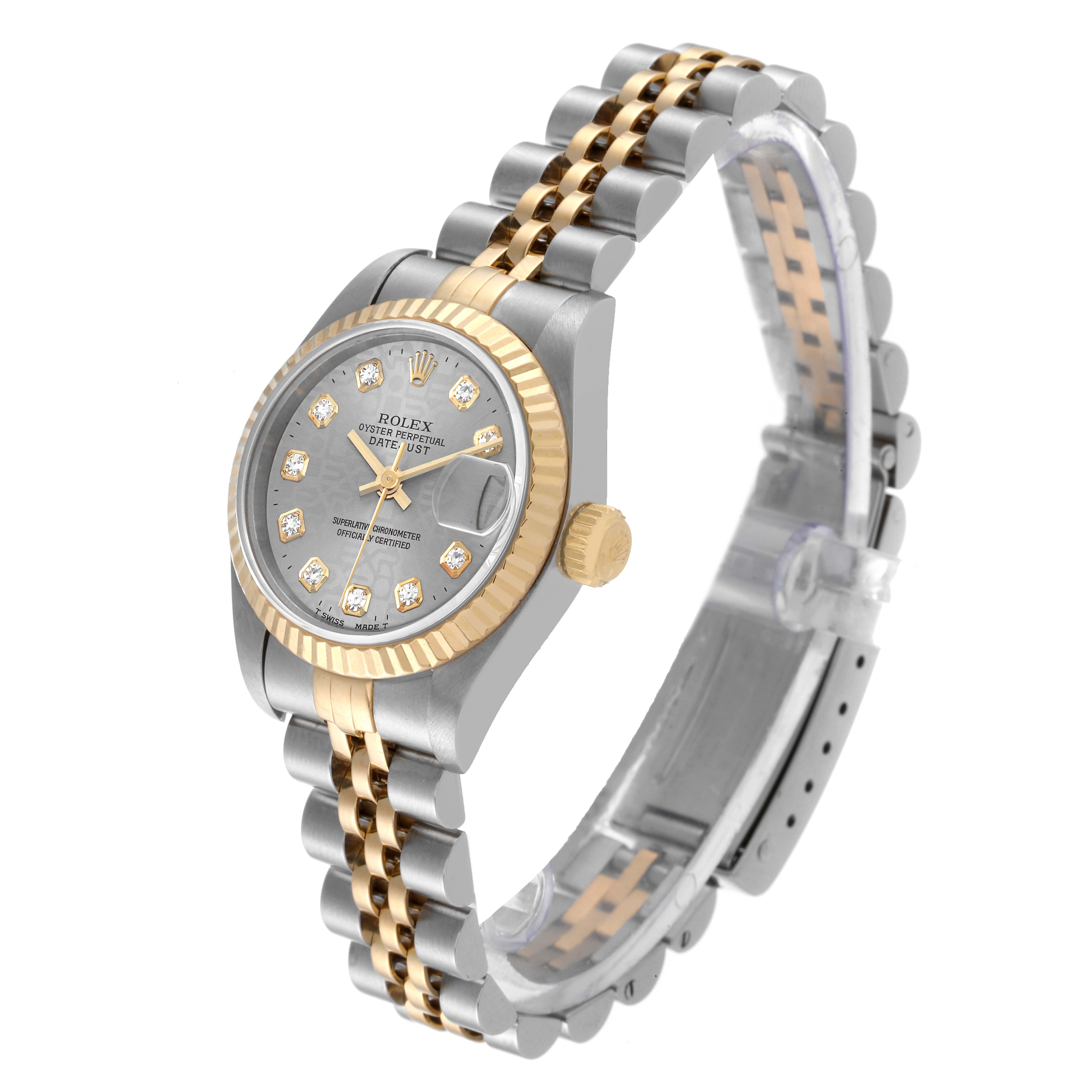 The image shows a Rolex Datejust 69173 Women's Steel and Gold (two tone) Grey Dial 69173 Women's Steel and Gold (two tone) Grey Dial watch at a front-side angle, highlighting its two-tone bracelet, fluted bezel, and diamond hour markers.