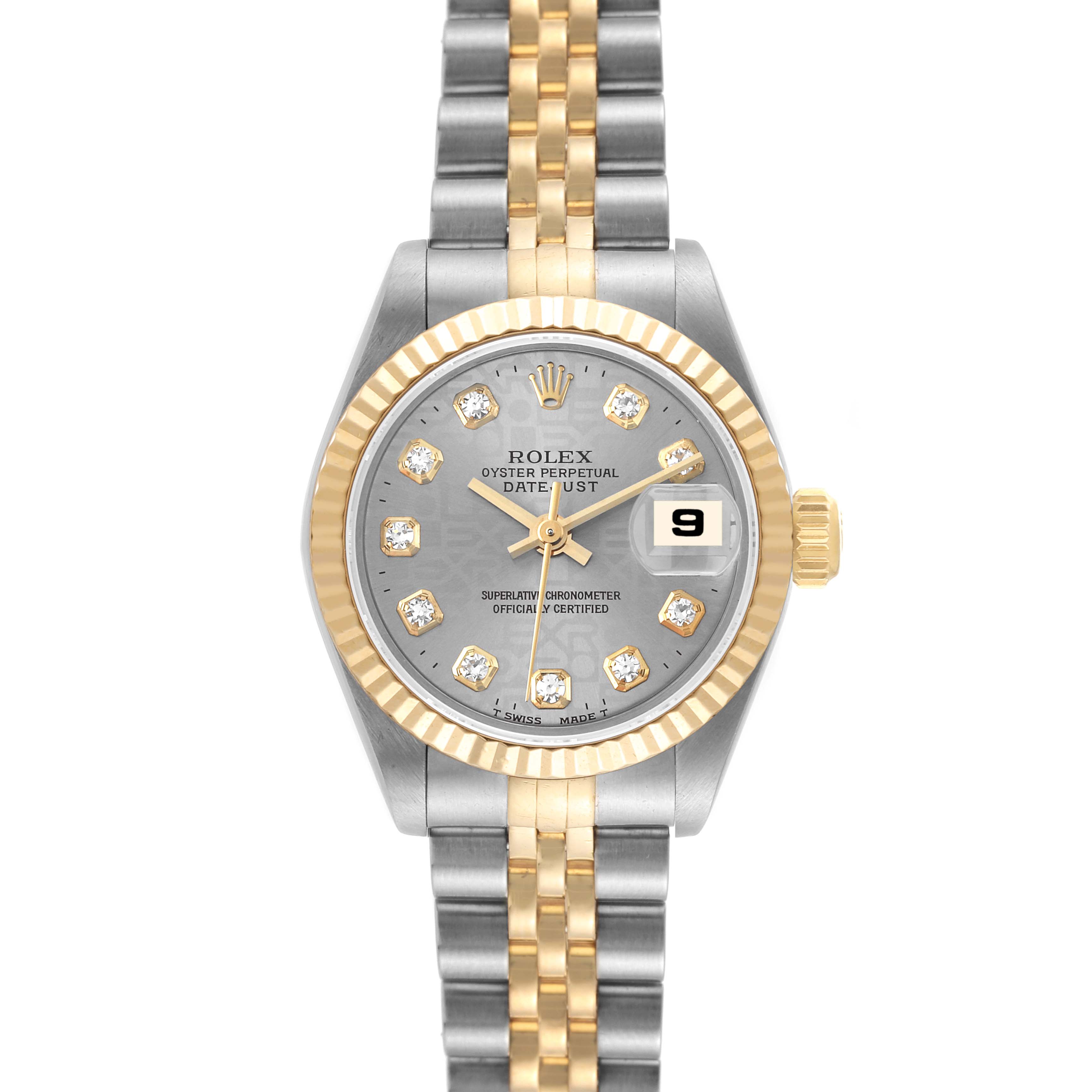 The image shows a front view of a Rolex Datejust 69173 Women's Steel and Gold (two tone) Grey Dial 69173 Women's Steel and Gold (two tone) Grey Dial watch, featuring its dial, bezel, crown, and part of the bracelet.