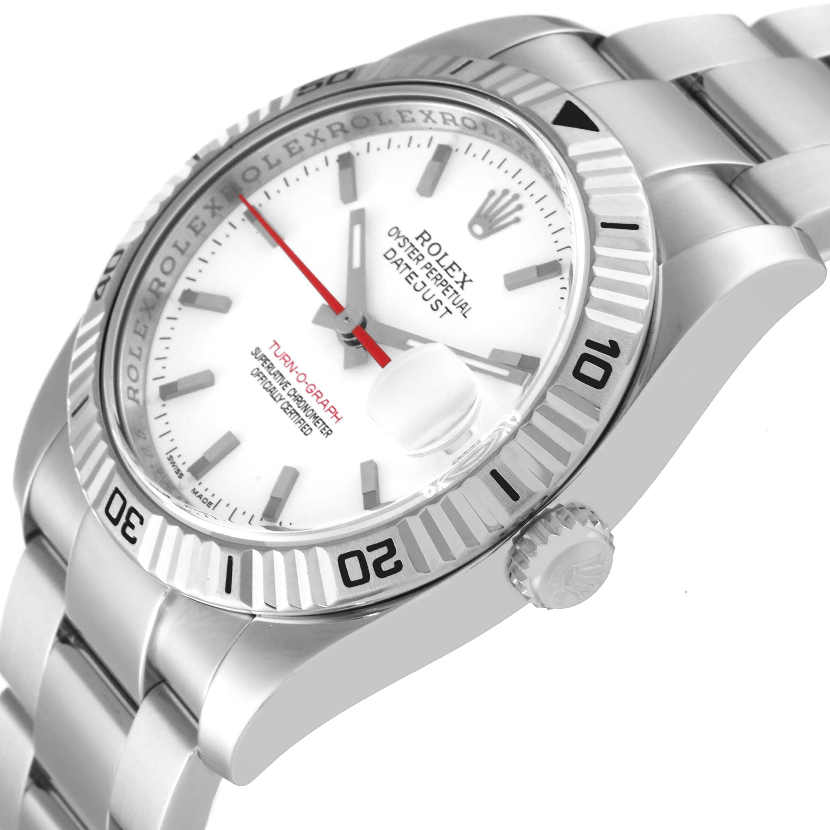 The image shows a side angle of a Rolex Turn-o-Graph 116264 Men
s Stainless Steel White Dial 116264 Men
s Stainless Steel White Dial watch, highlighting the bezel, crown, dial, bracelet, and date magnifier.