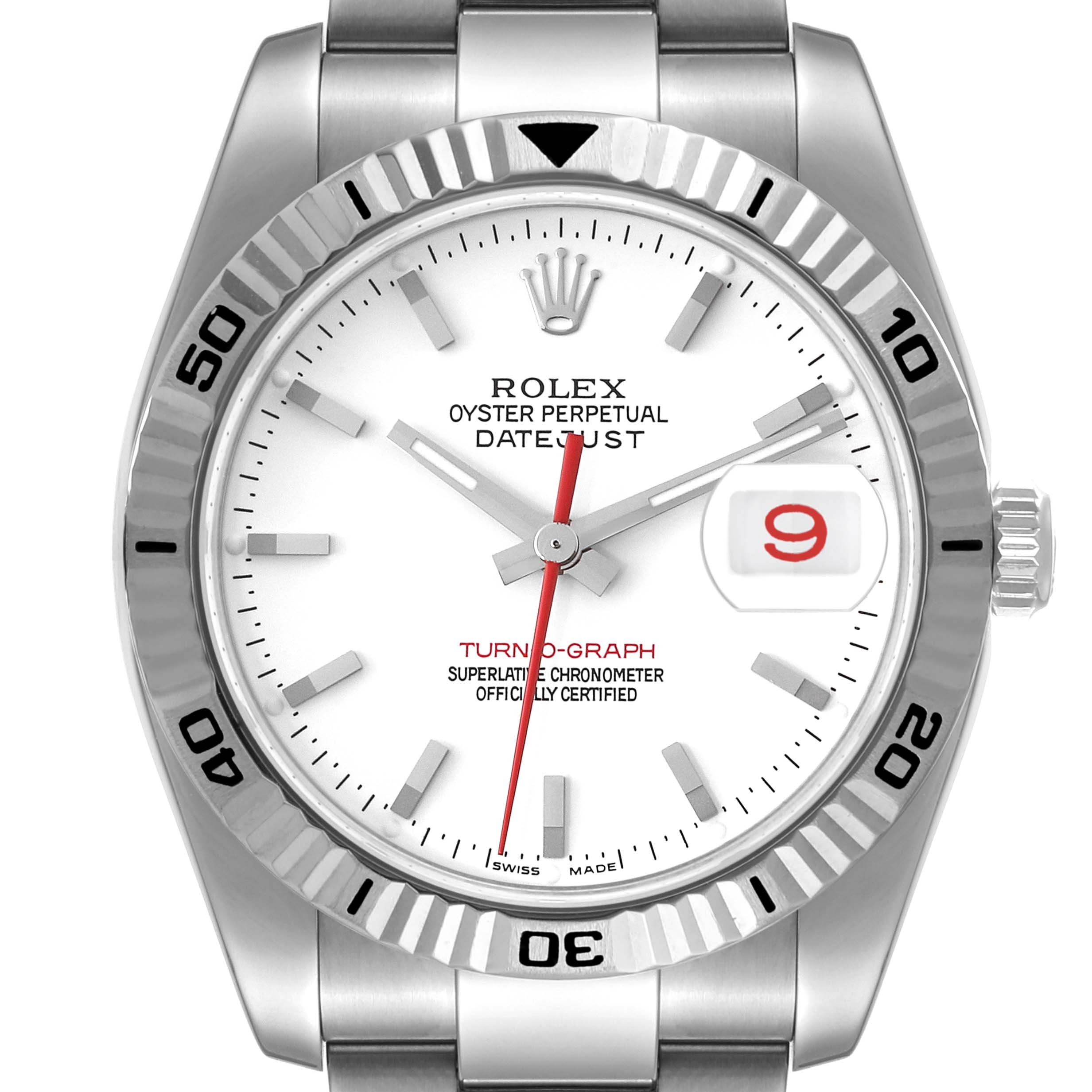 This front-facing image shows the Rolex Turn-o-Graph 116264 Men
s Stainless Steel White Dial 116264 Men
s Stainless Steel White Dial watch, highlighting its face, date window, and bezel.
