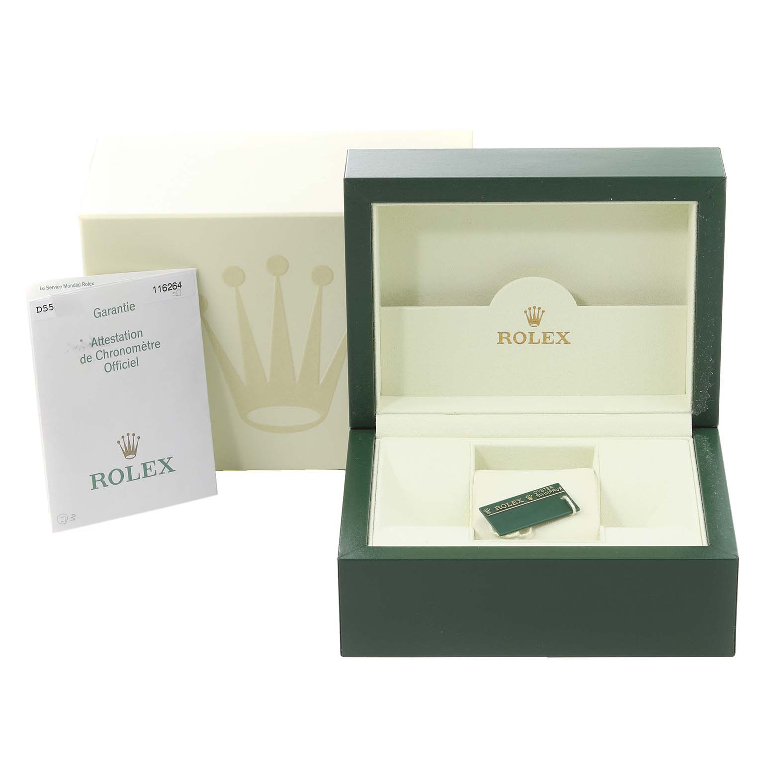 The image shows a Rolex Turn-o-Graph 116264 Men
s Stainless Steel White Dial 116264 Men
s Stainless Steel White Dial watch box, including the inner and outer packaging and a certificate/document.