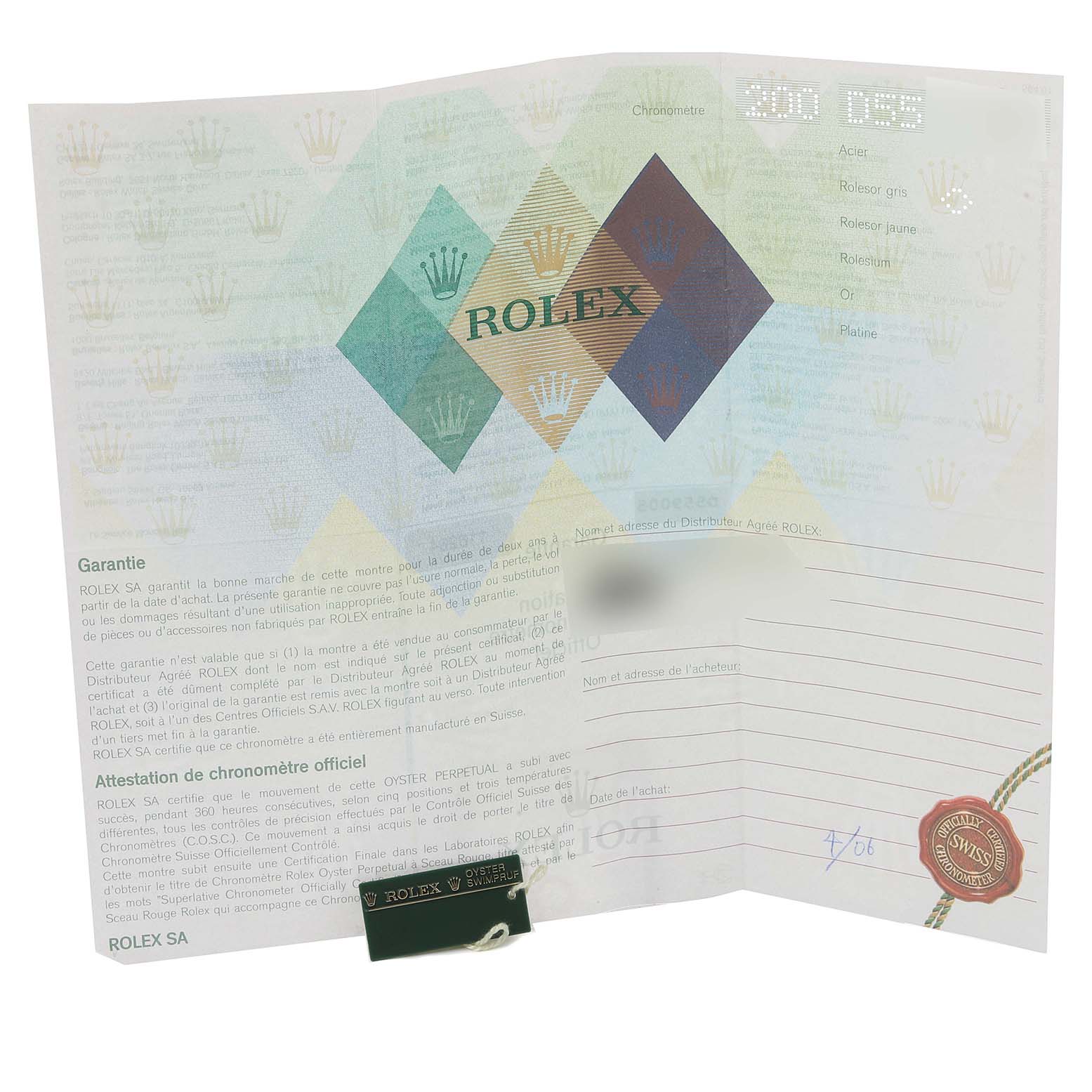 The image displays the warranty card and documentation for the Rolex Turn-o-Graph 116264 Men
s Stainless Steel White Dial 116264 Men
s Stainless Steel White Dial model.