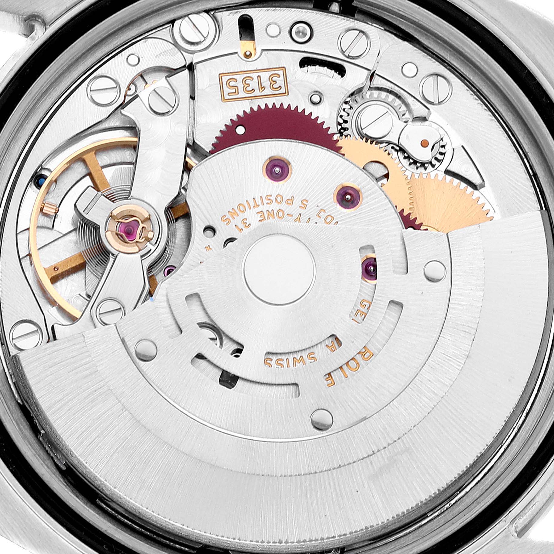 This image displays the internal mechanics of the Rolex Turn-o-Graph 116264 Men
s Stainless Steel White Dial 116264 Men
s Stainless Steel White Dial watch movement from a close-up angle.