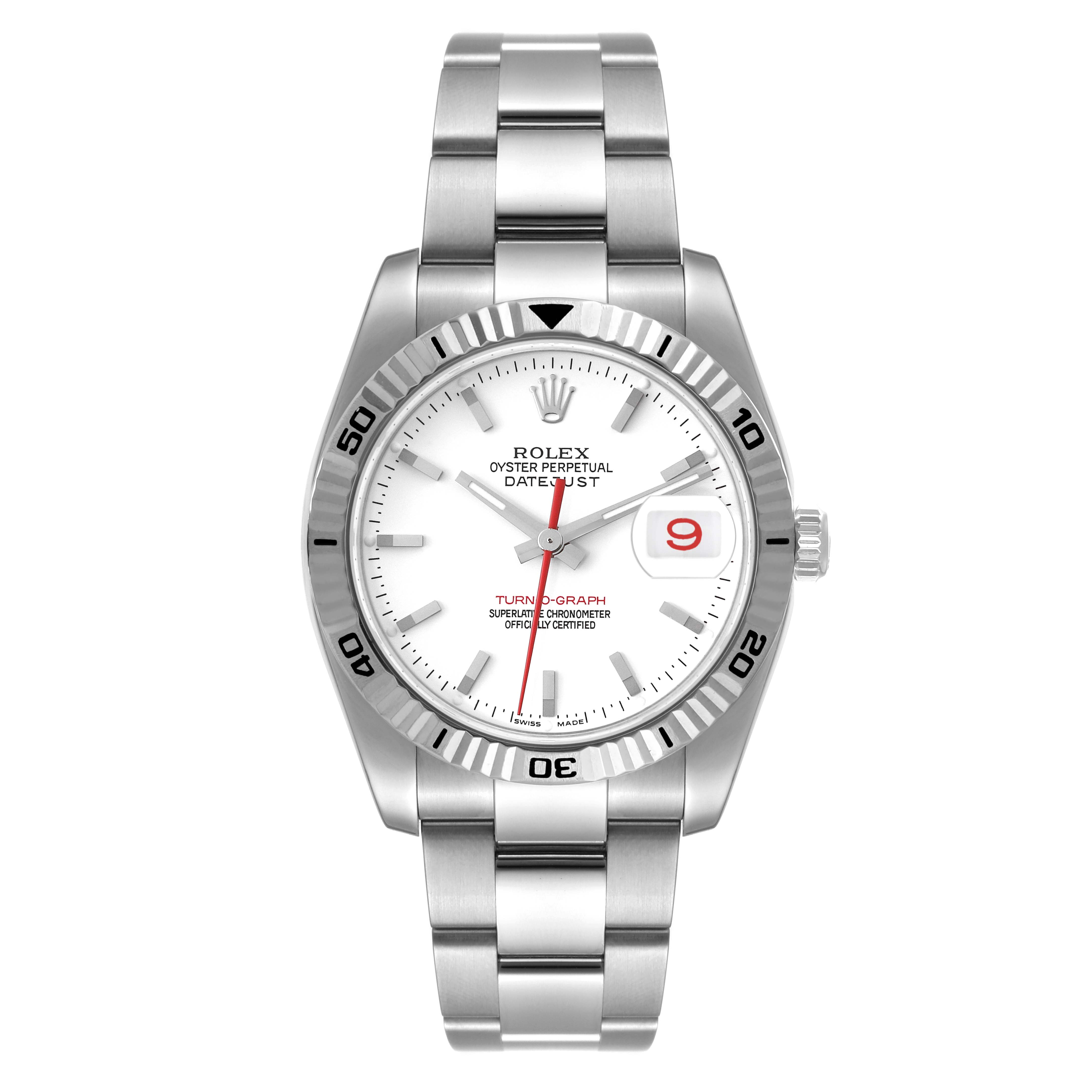 The image shows a front-facing view of a Rolex Turn-o-Graph 116264 Men
s Stainless Steel White Dial 116264 Men
s Stainless Steel White Dial watch with a white dial, date window, and stainless steel bracelet.