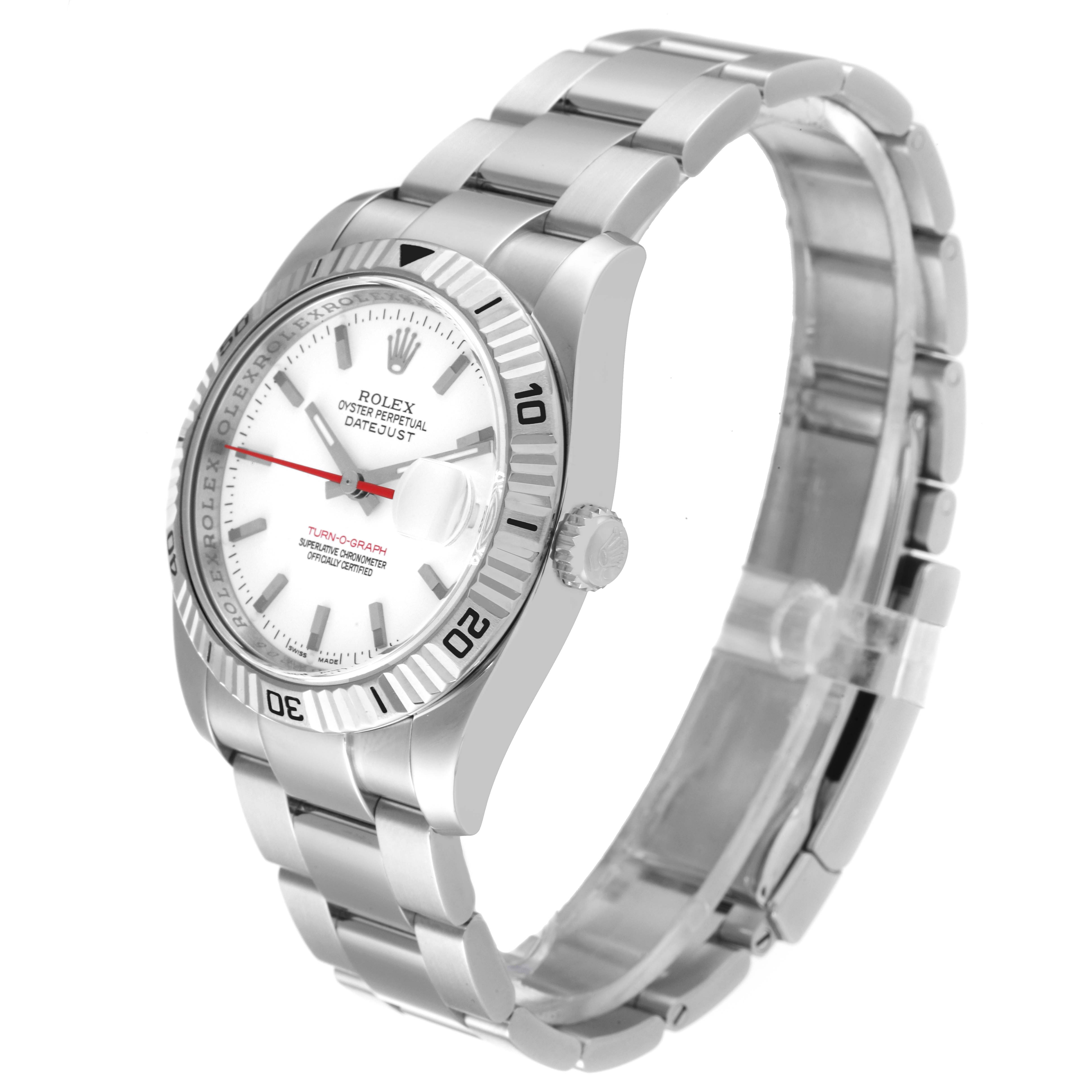 The image shows a side angle of the Rolex Turn-o-Graph 116264 Men
s Stainless Steel White Dial 116264 Men
s Stainless Steel White Dial watch displaying the face, bezel, crown, and bracelet.