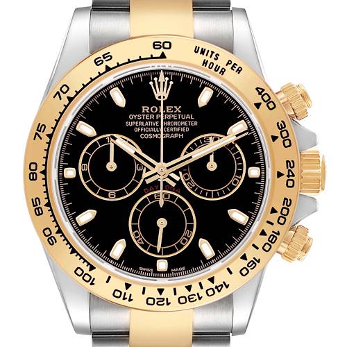 The Rolex Daytona 116503 Men's Stainless Steel Black Dial watch is shown from the front, highlighting its black dial, gold bezel, and chronograph subdials.