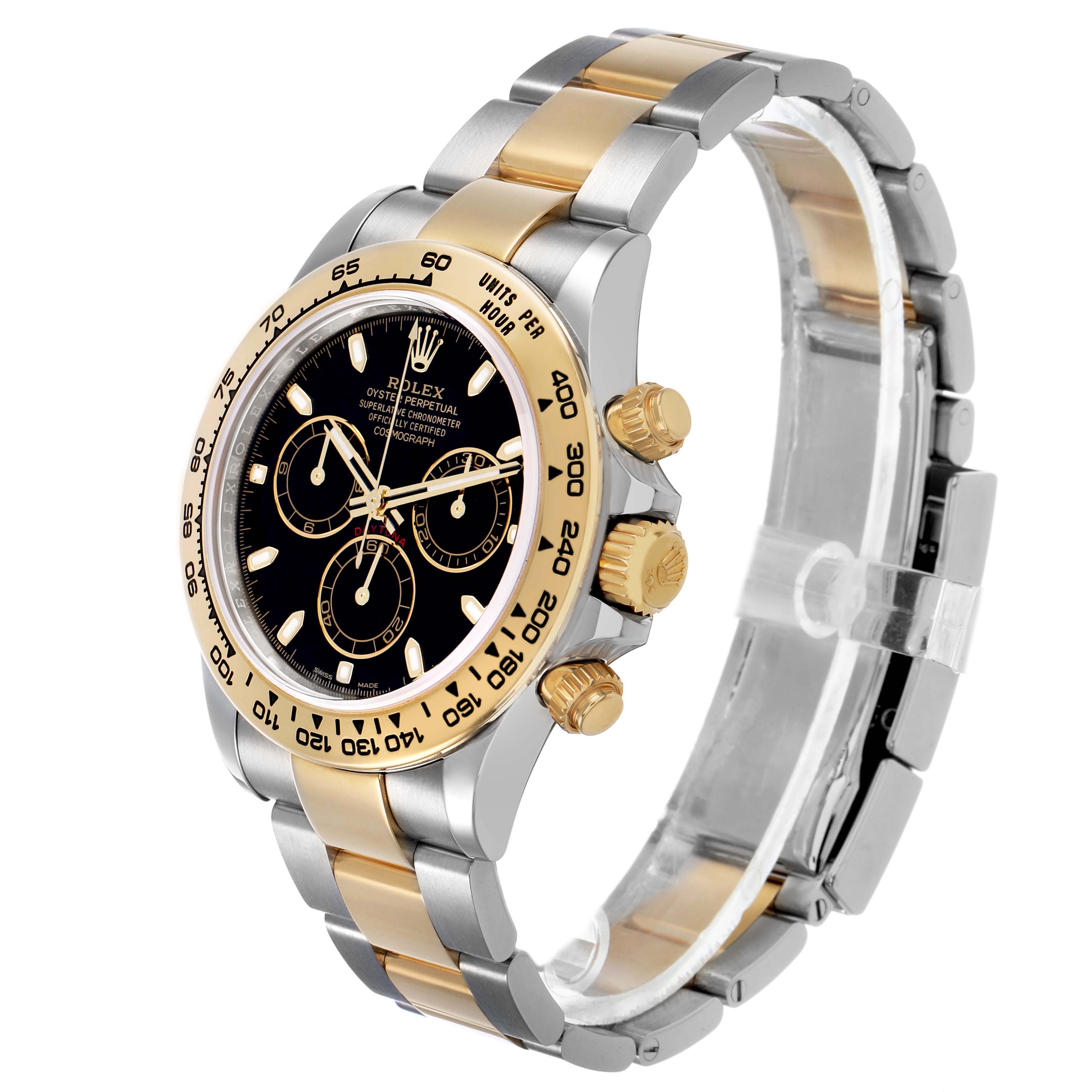 The Rolex Daytona 116503 Men's Stainless Steel Black Dial watch is shown in a three-quarter view, highlighting the dial, bezel, and two-tone bracelet.