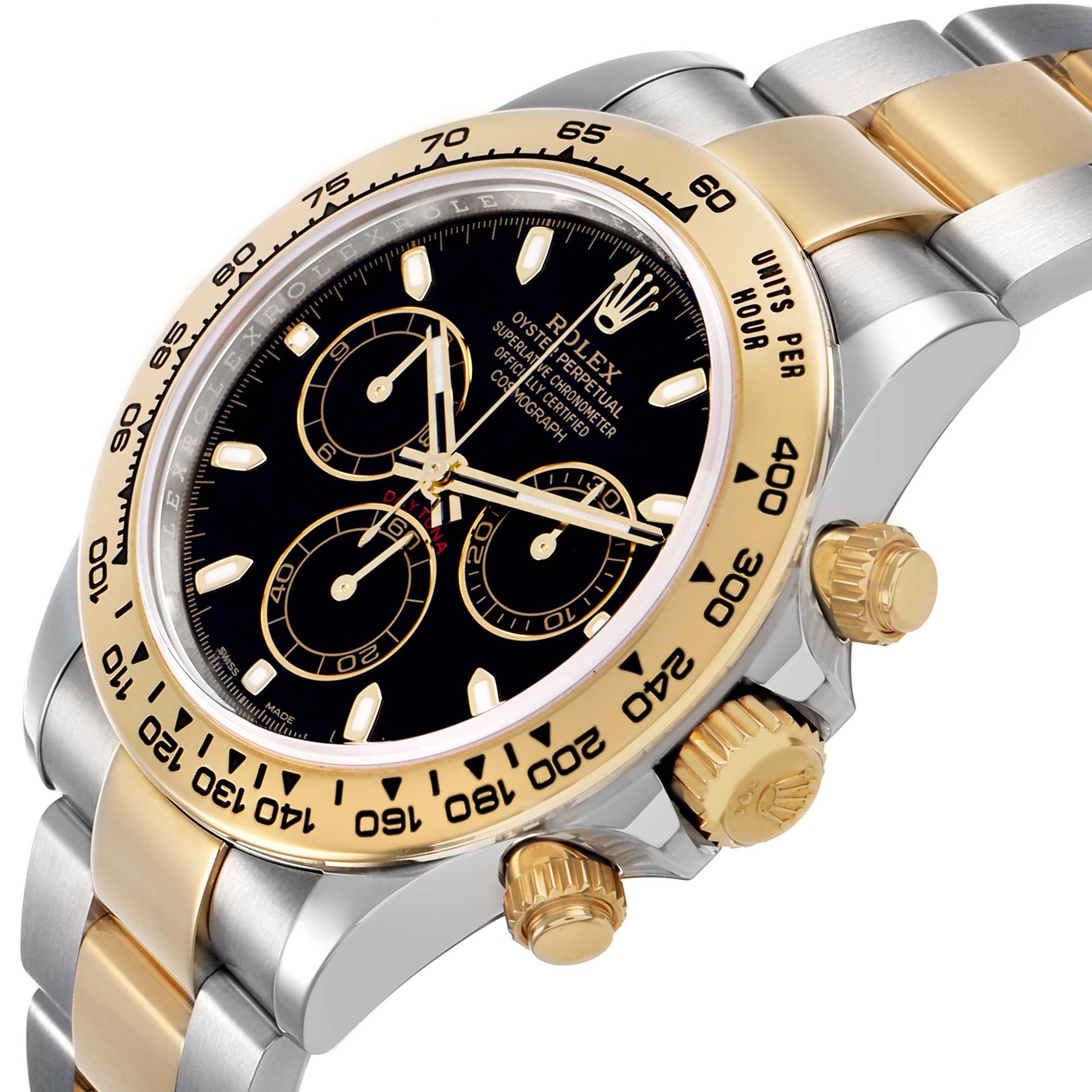 The Rolex Daytona 116503 Men's Stainless Steel Black Dial watch is shown at an angled close-up, highlighting the dial, bezel, crown, and gold-steel bracelet.