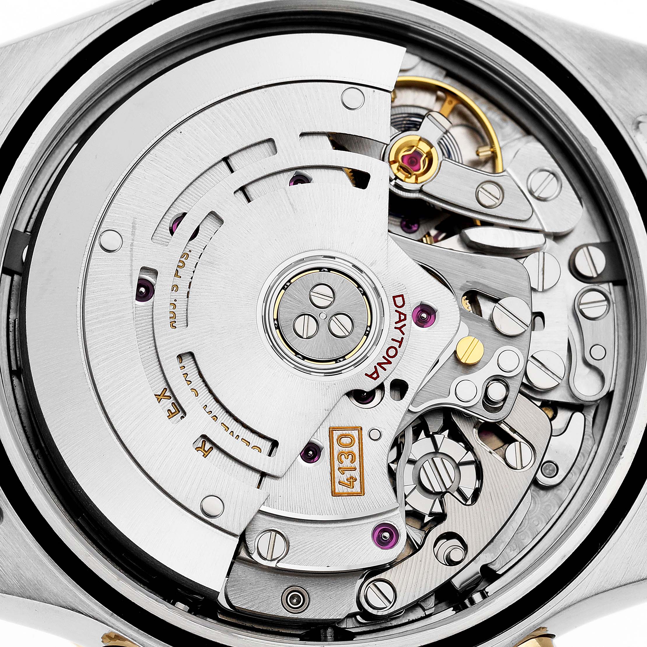This image shows the movement and intricate internal mechanics of the Rolex Daytona 116503 Men's Stainless Steel Black Dial watch from a close-up, top-down angle.