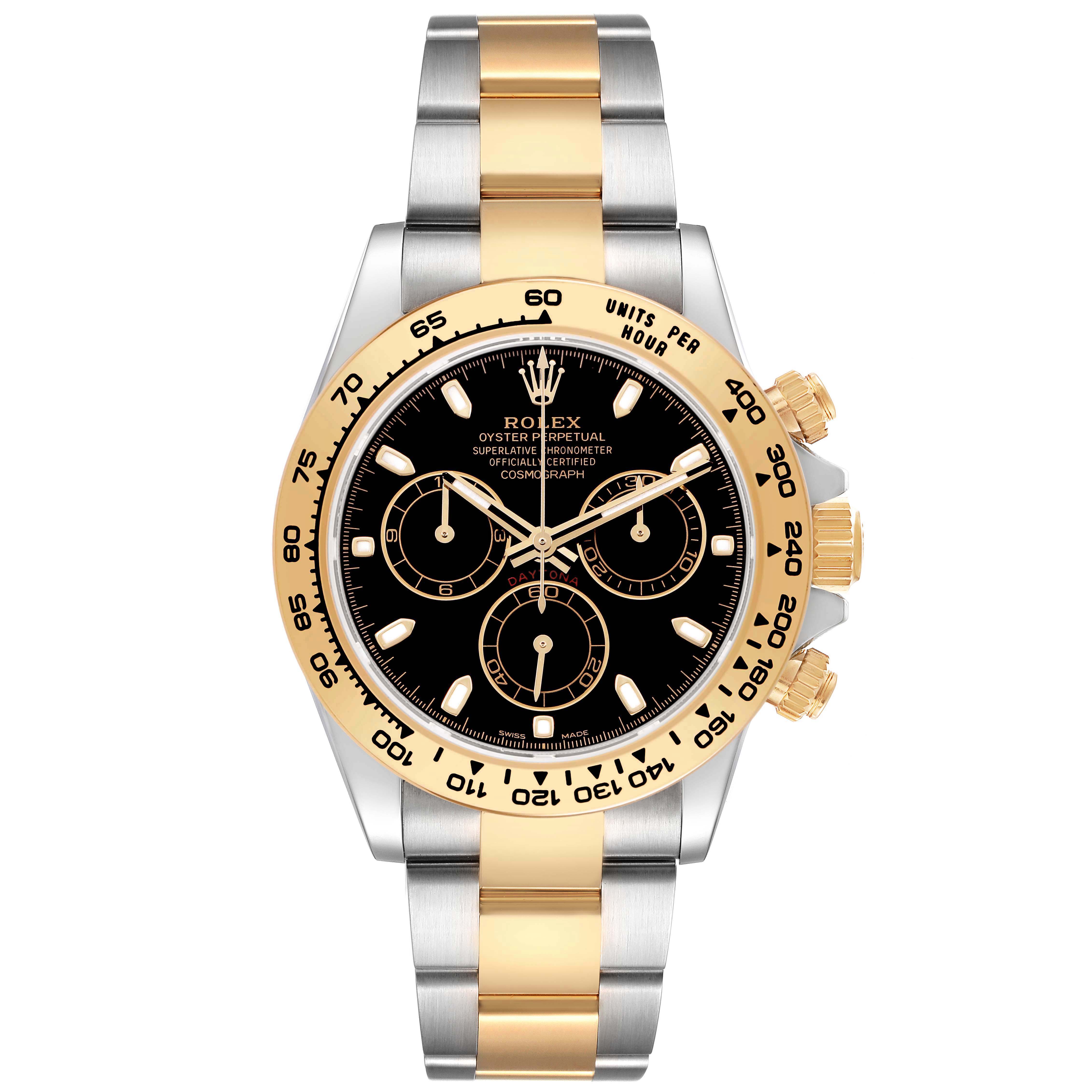 The Rolex Daytona 116503 Men's Stainless Steel Black Dial watch is shown in a front view, displaying the dial, bezel, and two-tone bracelet.
