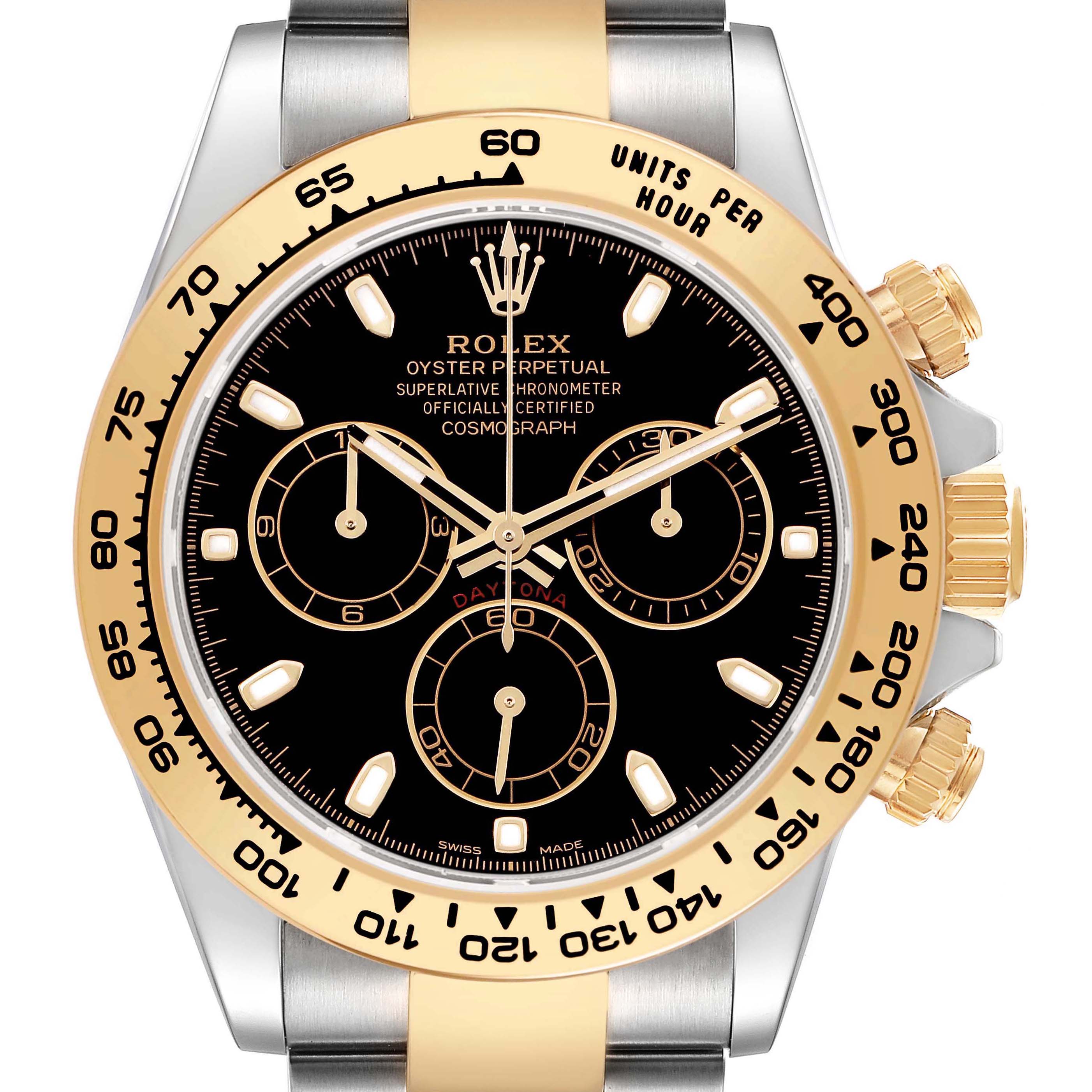 The Rolex Daytona 116503 Men's Stainless Steel Black Dial watch is shown from a front angle, highlighting its gold bezel, black dial, and chronograph subdials.