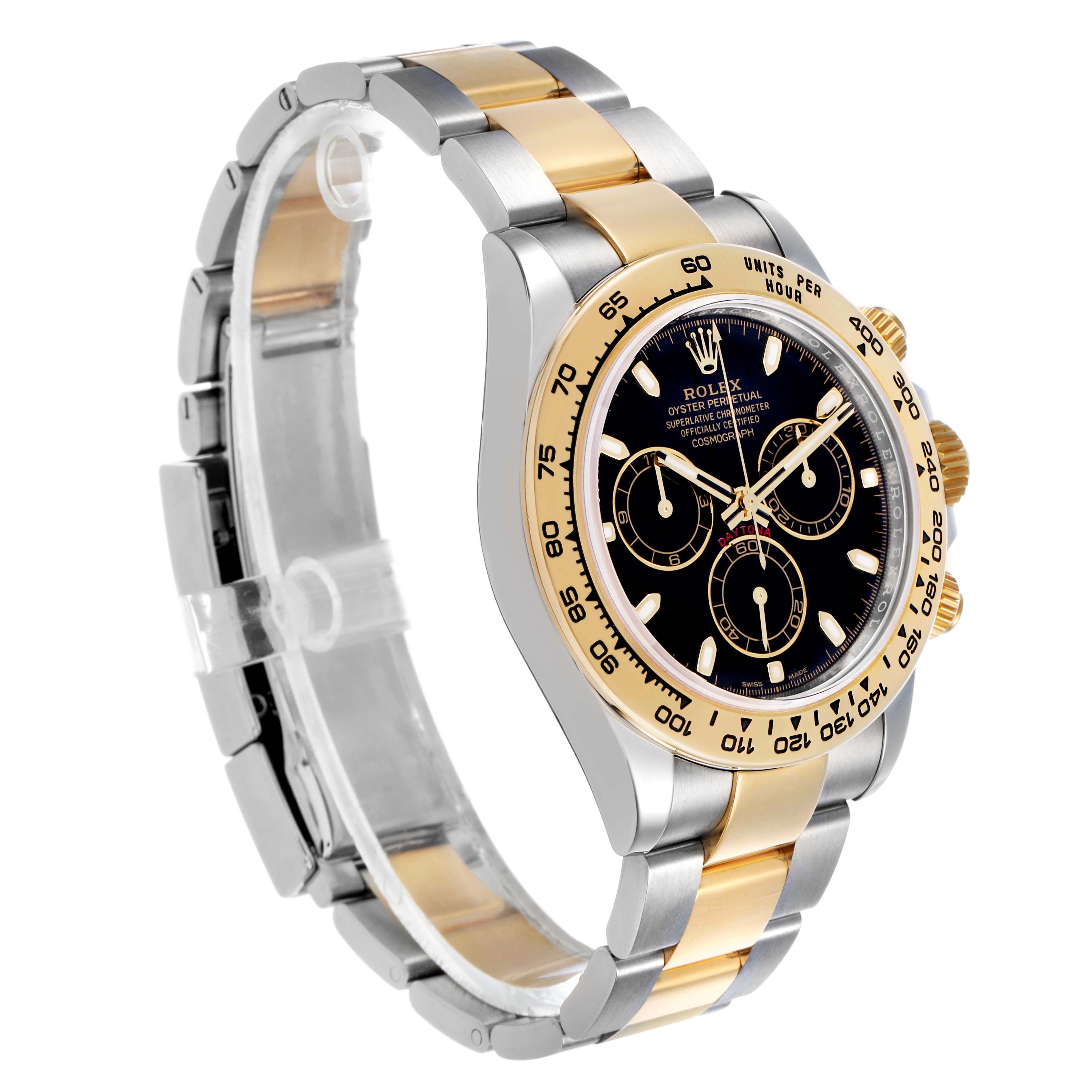 The Rolex Daytona 116503 Men's Stainless Steel Black Dial watch is angled to show the dial, bezel, and two-tone bracelet clearly.