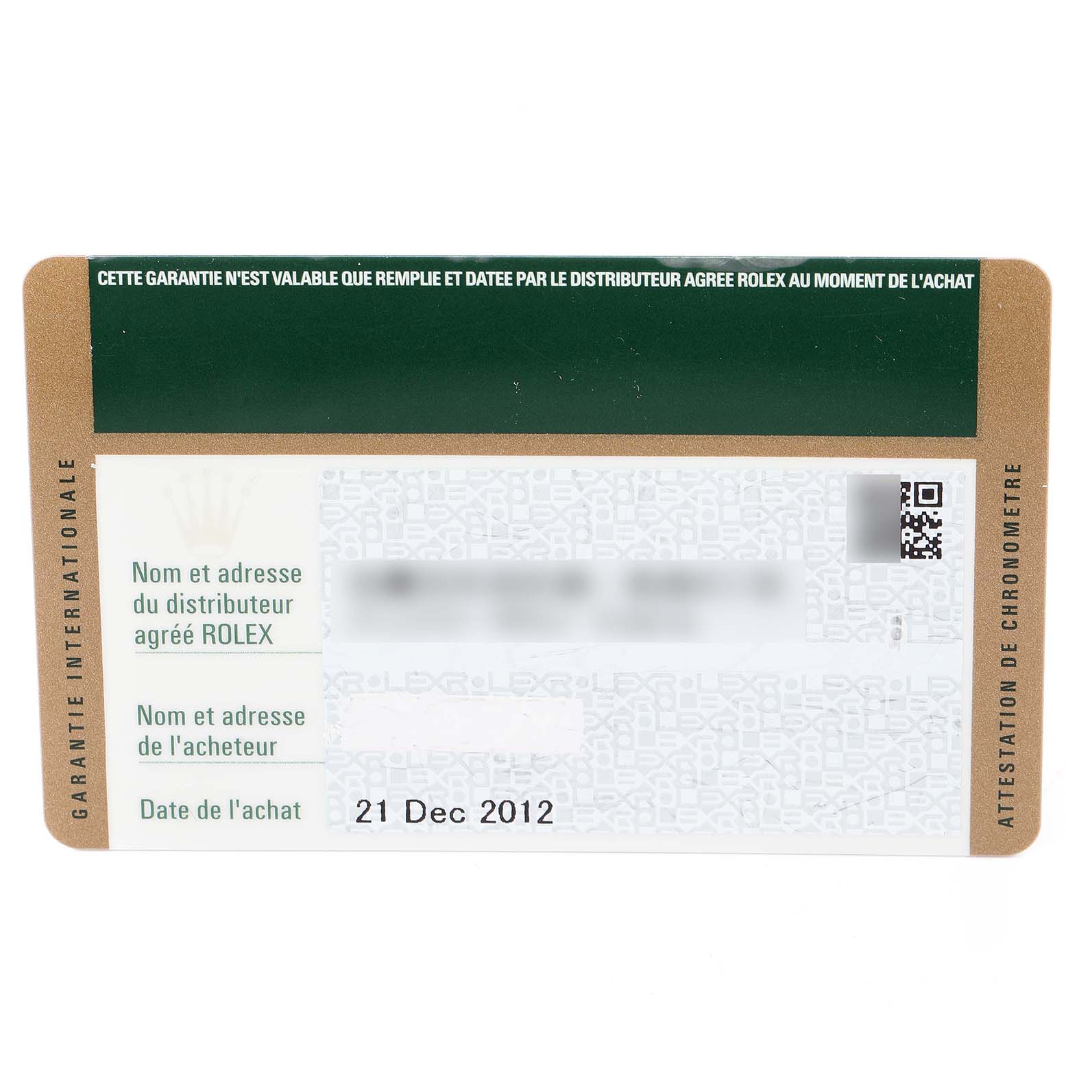 This image shows a warranty card for the Rolex Daytona 116523 Men's Steel and Gold (two tone) Blue Dial 116523 Men's Steel and Gold (two tone) Blue Dial watch, displaying distributor and purchase information.