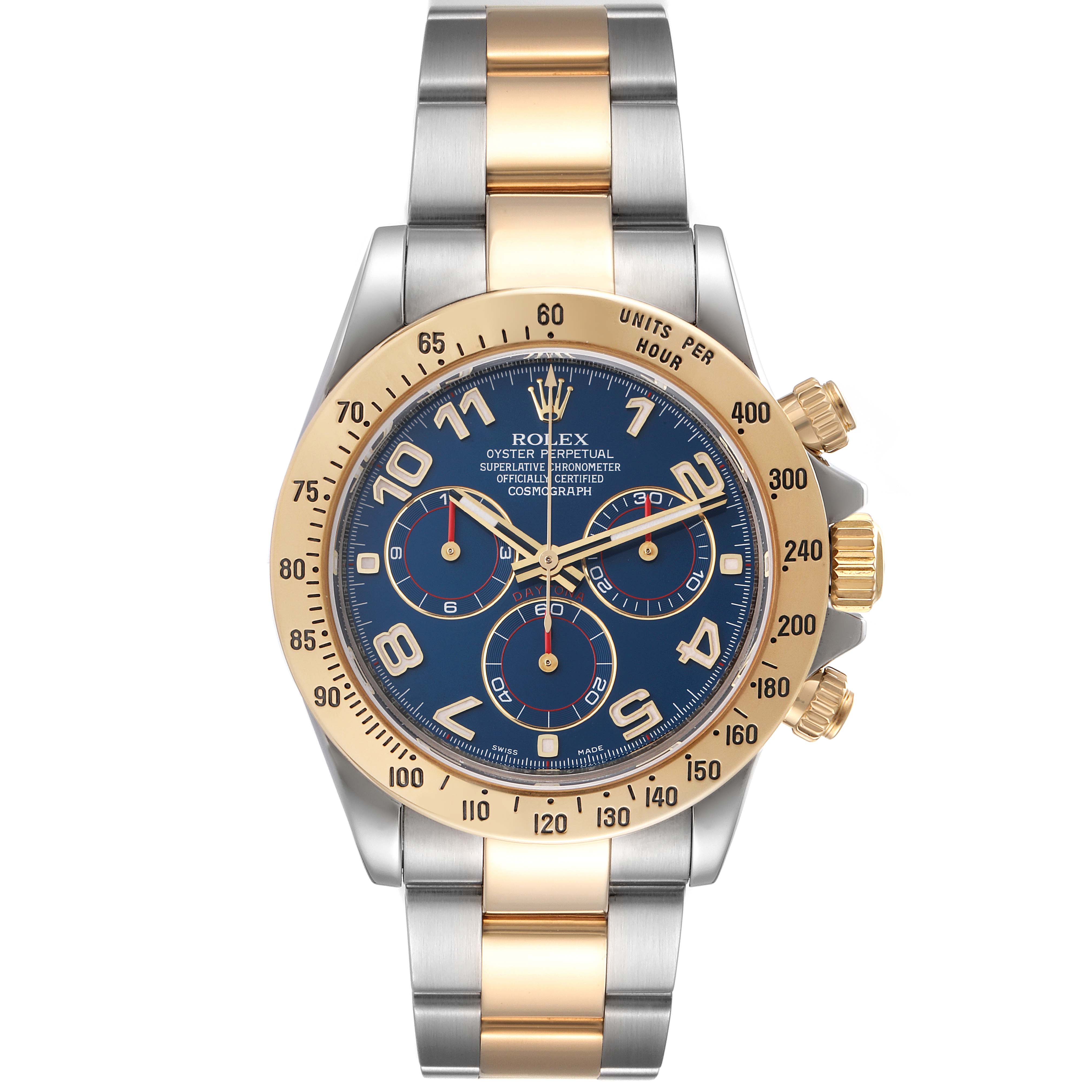 This image shows a front view of a Rolex Daytona 116523 Men's Steel and Gold (two tone) Blue Dial 116523 Men's Steel and Gold (two tone) Blue Dial watch with a blue dial, gold bezel, and two-tone metal bracelet.