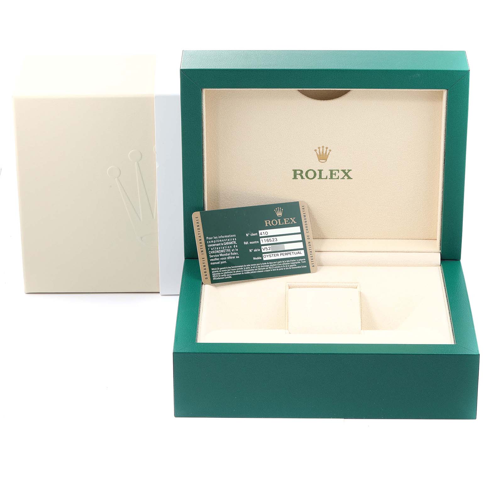 The image shows the open box and warranty card for a Rolex Daytona 116523 Men's Steel and Gold (two tone) Blue Dial 116523 Men's Steel and Gold (two tone) Blue Dial watch.