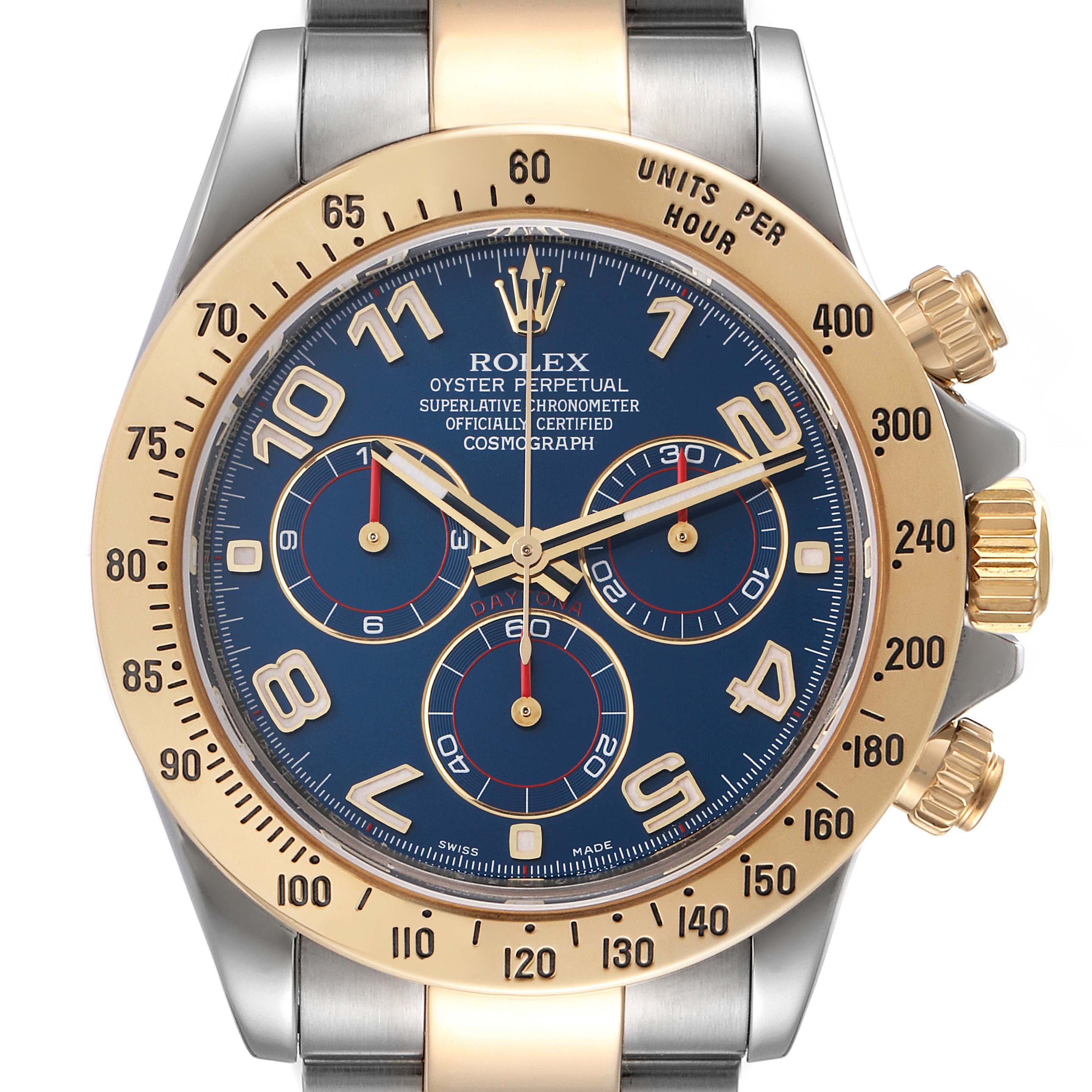 The image shows a front view of a Rolex Daytona 116523 Men's Steel and Gold (two tone) Blue Dial 116523 Men's Steel and Gold (two tone) Blue Dial watch, highlighting its dial, bezel, and chronograph subdials.