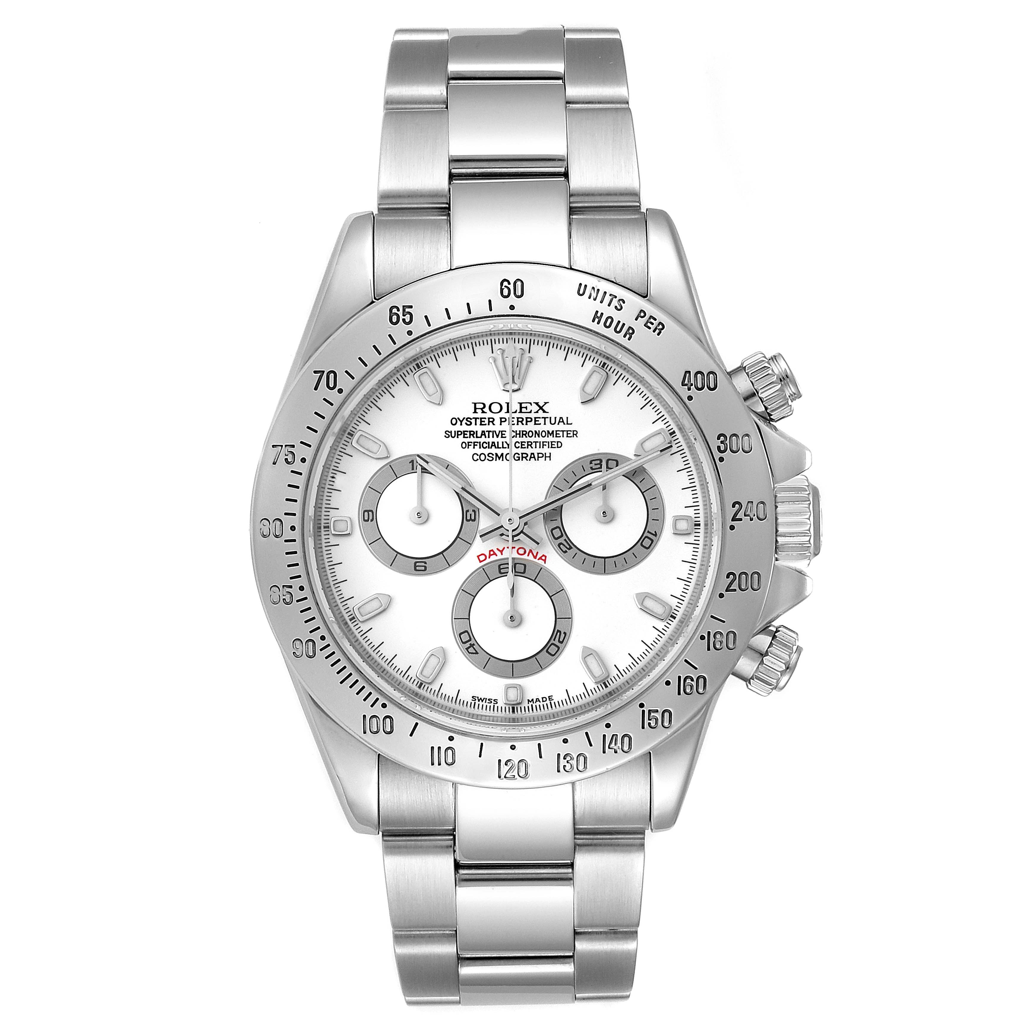 The image shows a Rolex Daytona 116520 Men's Stainless Steel White Dial 116520 Men's Stainless Steel White Dial watch from a front view, highlighting its bezel, dial, chronograph sub-dials, and bracelet.