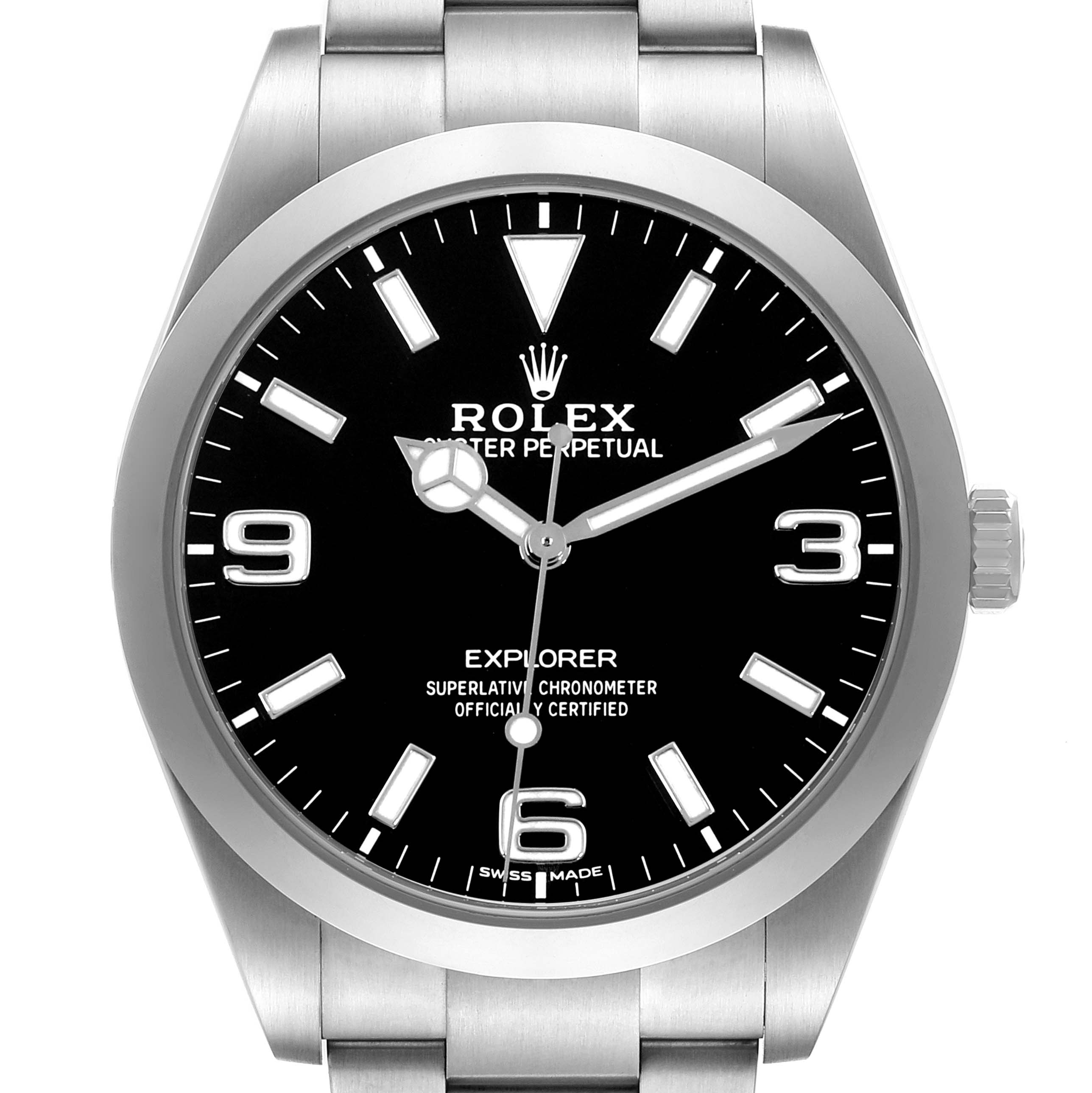 The Rolex Explorer M214270-0003 Men's Stainless Steel Black Dial watch is shown from a front angle, displaying its face, bezel, crown, and bracelet.