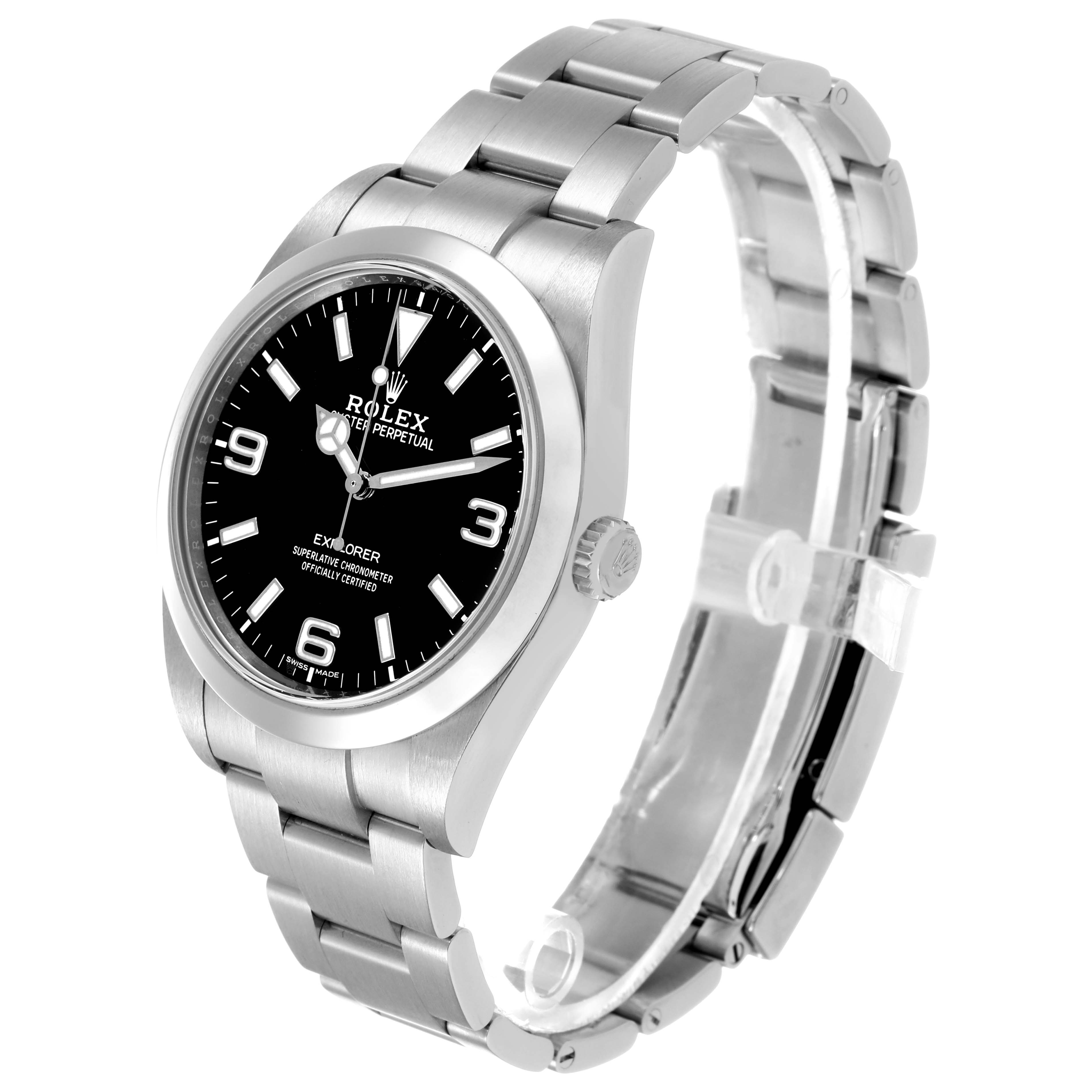 The Rolex Explorer M214270-0003 Men's Stainless Steel Black Dial watch is shown at a slight angled view, highlighting the face, bezel, bracelet, and crown.