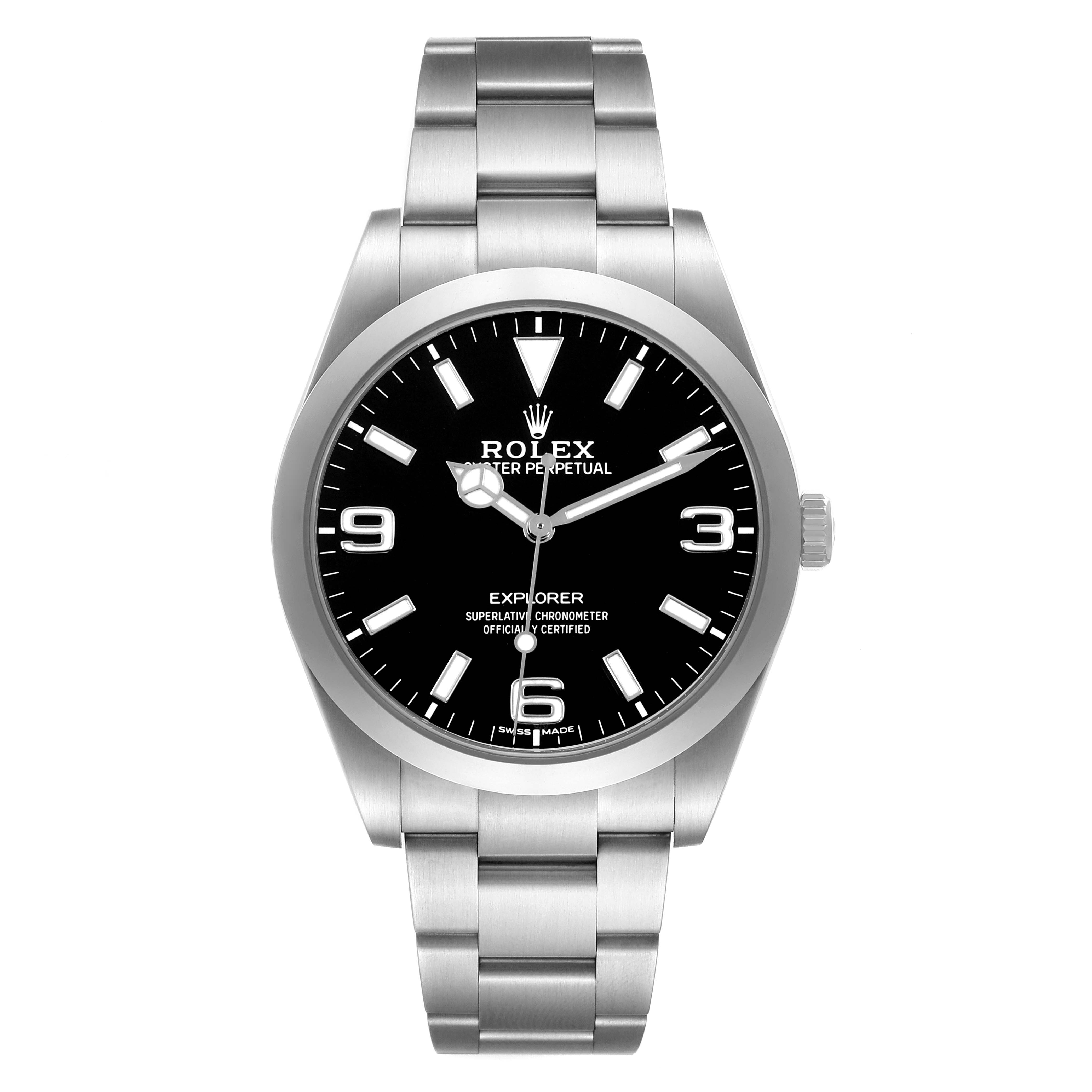 The Rolex Explorer M214270-0003 Men's Stainless Steel Black Dial watch is shown from a front angle, highlighting its dial, bezel, and metal bracelet.