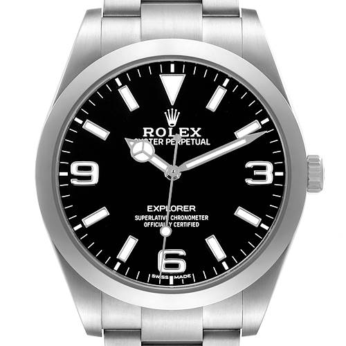 The Rolex Explorer M214270-0003 Men's Stainless Steel Black Dial watch is shown from a front angle, highlighting its face, bezel, crown, and part of the bracelet.