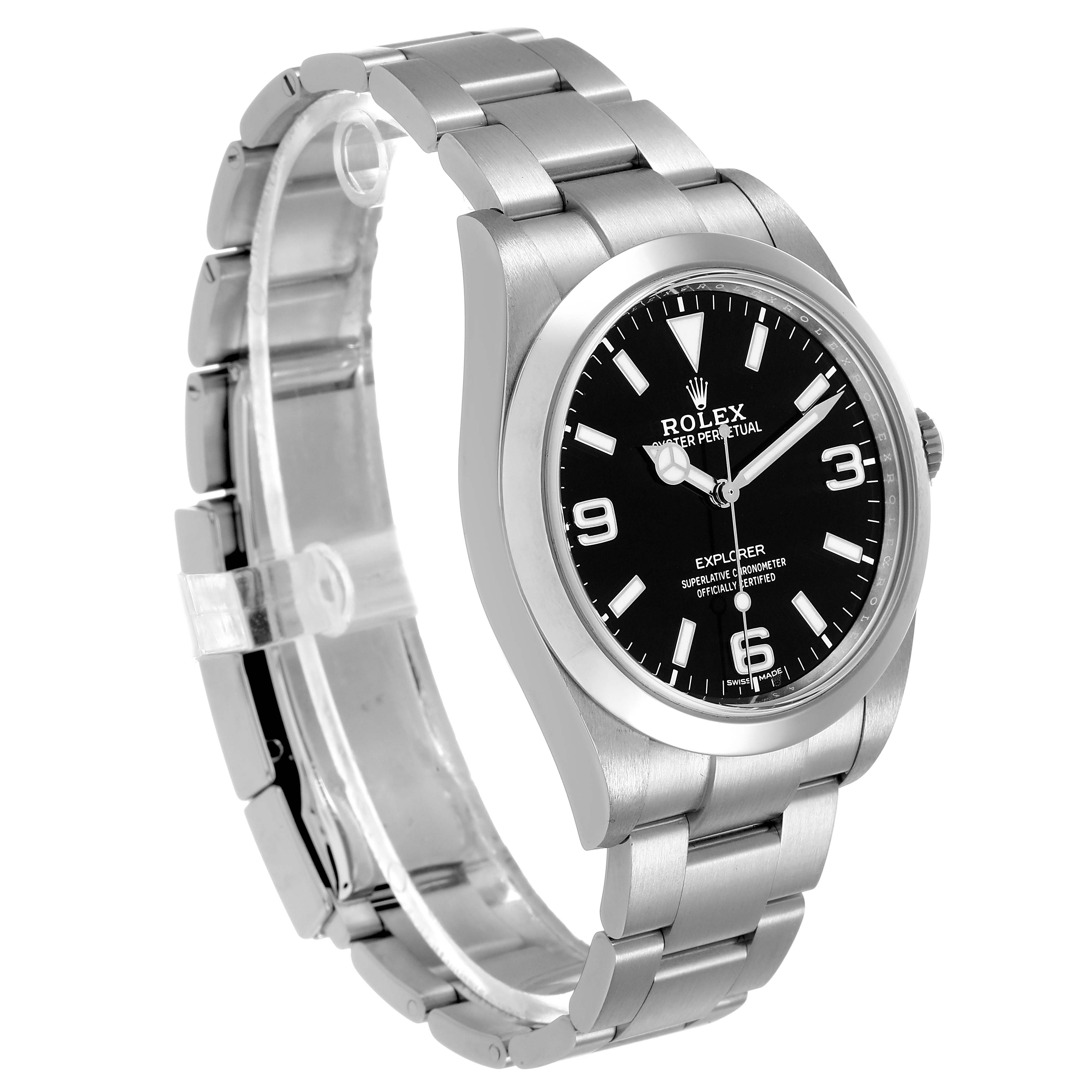 The Rolex Explorer M214270-0003 Men's Stainless Steel Black Dial watch is shown at a three-quarter angle, highlighting the face, bezel, and part of the bracelet.
