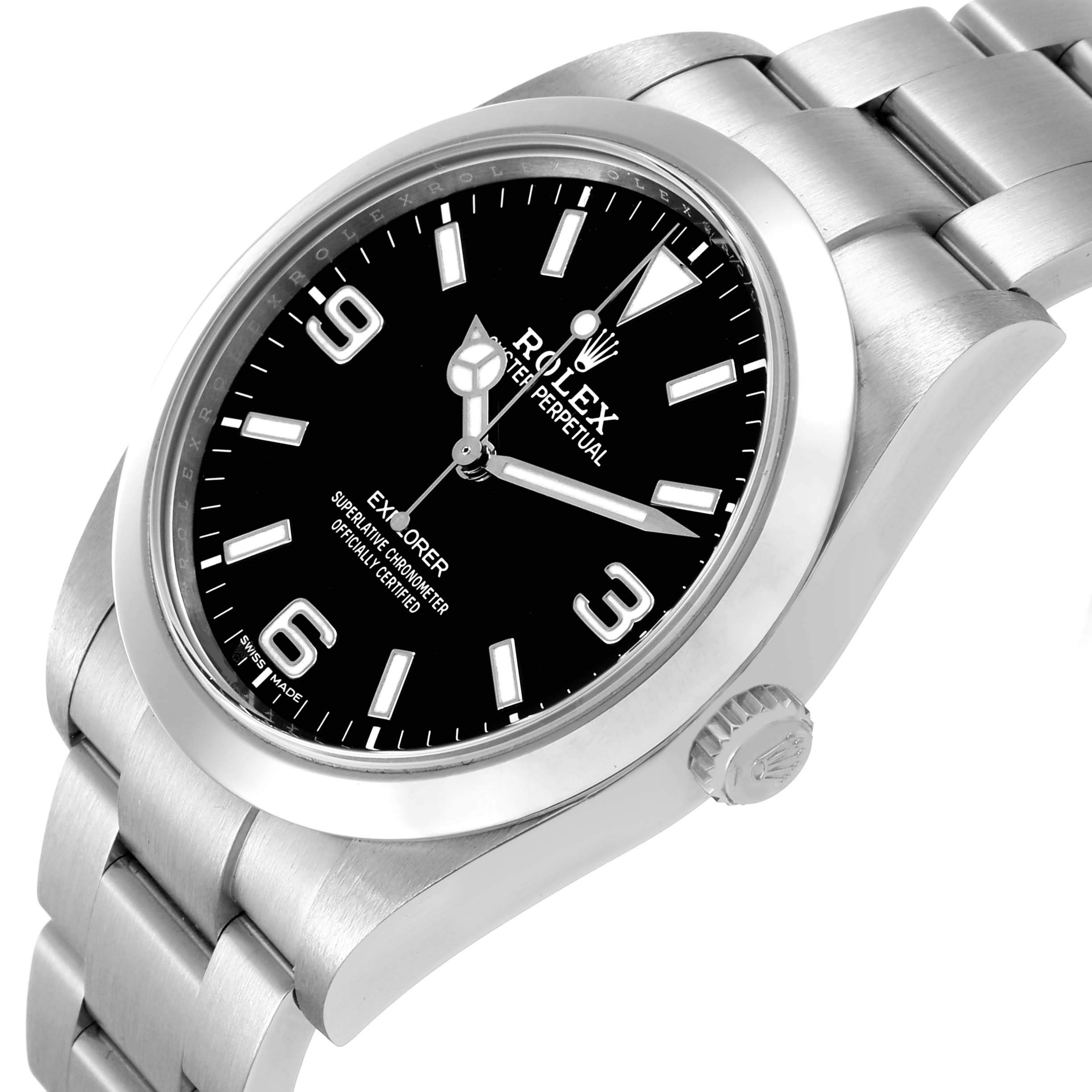 The Rolex Explorer M214270-0003 Men's Stainless Steel Black Dial watch is shown at a slight angle, highlighting the dial, bezel, crown, and part of the bracelet.